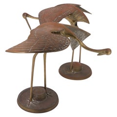 Pair of Patinated Brass Stork Flying Birds Sculptures