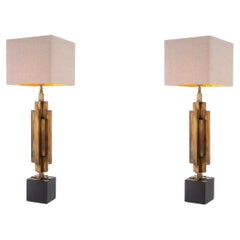 Pair of Patinated Brass Table Lamps, Granite Base, Artistic Design.