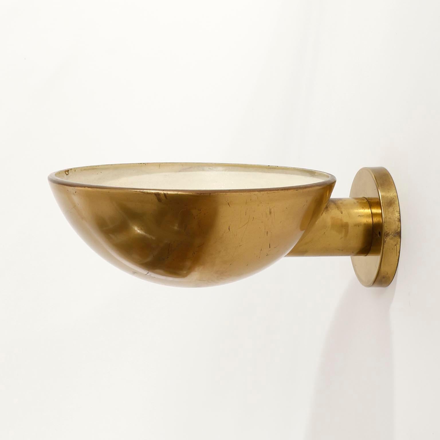 Mid-Century Modern Pair of Patinated Brass Uplight Bowl Sconces Wall Lamps by J.T. Kalmar, 1960