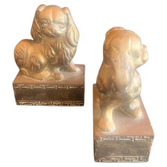 Pair of Patinated Brass Vintage Pekingese Dogs Bookends