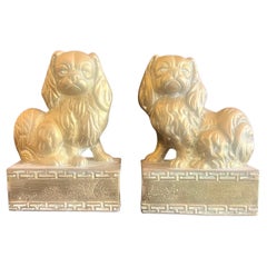 Pair of Patinated Brass Vintage Pekingese Dogs Bookends