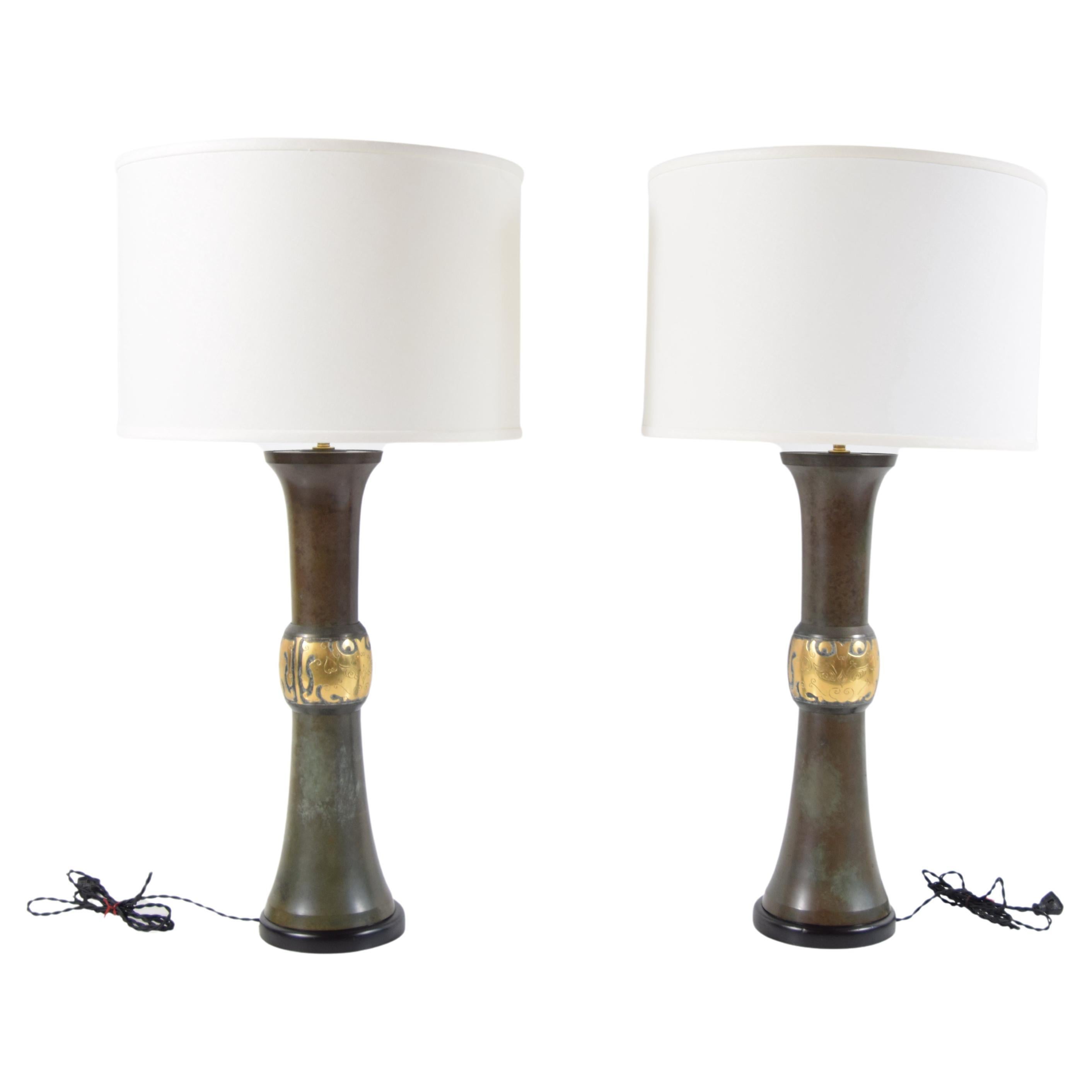 Pair of Asian Modern Pewter and Brass Table Lamps at 1stDibs