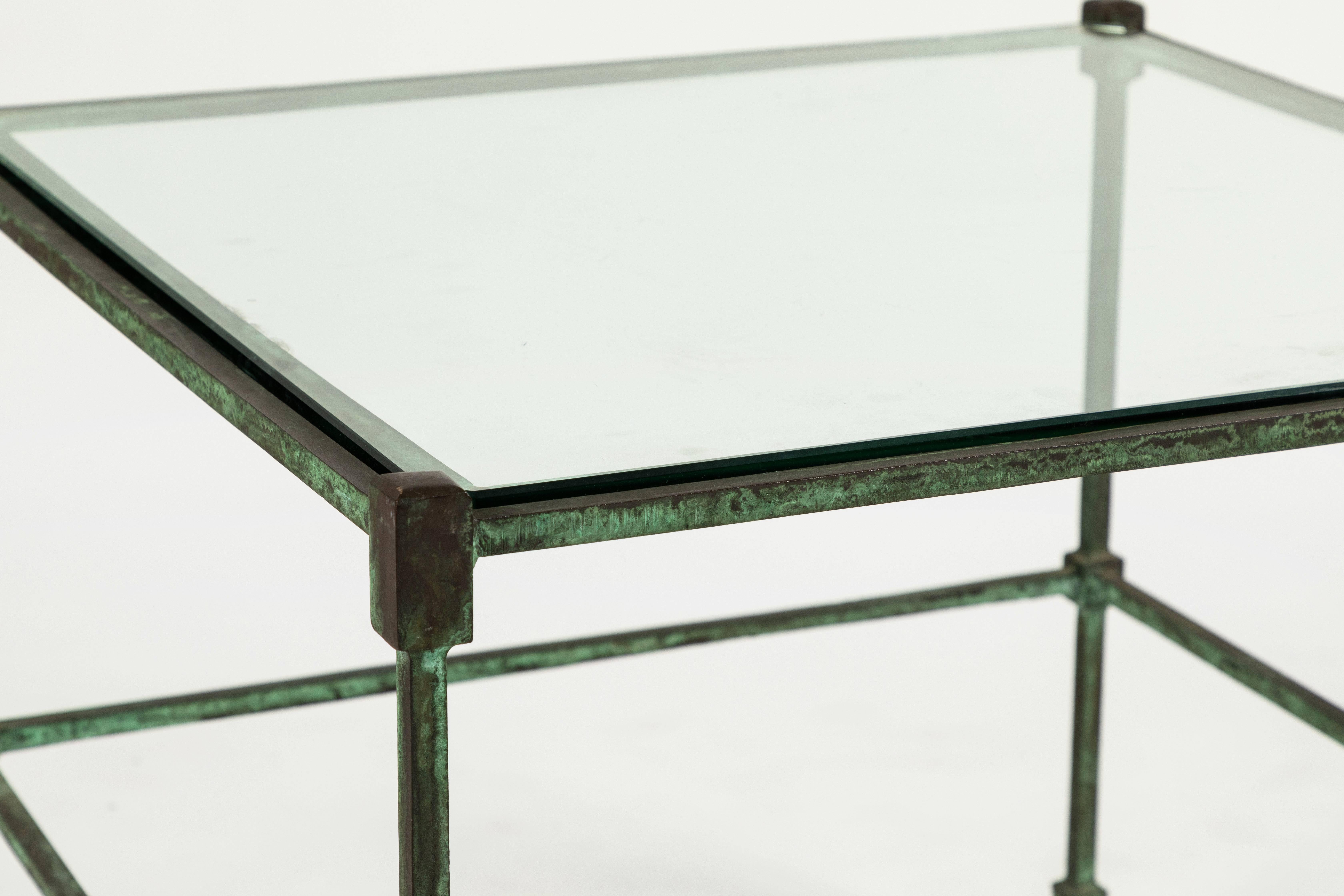 Italian Pair of Patinated Bronze and Glass Side Tables