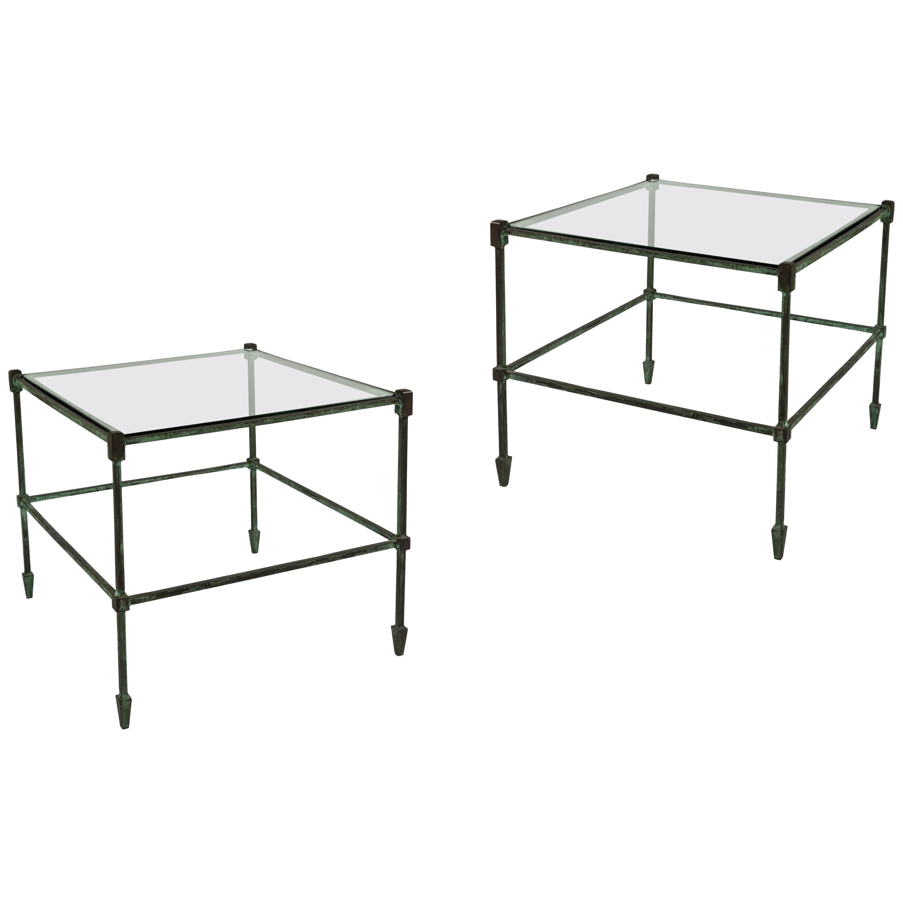 Pair of Patinated Bronze and Glass Side Tables