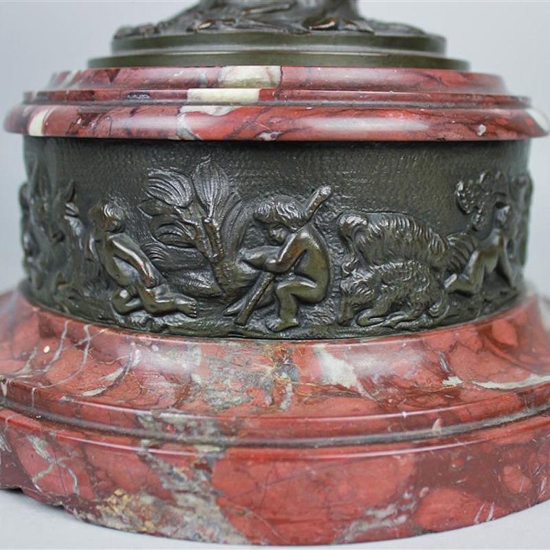Pair of Patinated Bronze and Marble Urns For Sale 4