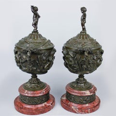 Patinated Bronze and Rouge Griotte Marble Urns, Clodion Style, 1880