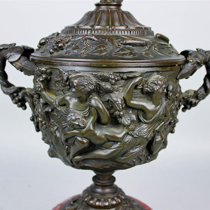 19th Century Pair of Patinated Bronze and Marble Urns For Sale