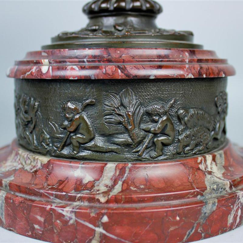 Pair of Patinated Bronze and Marble Urns For Sale 3
