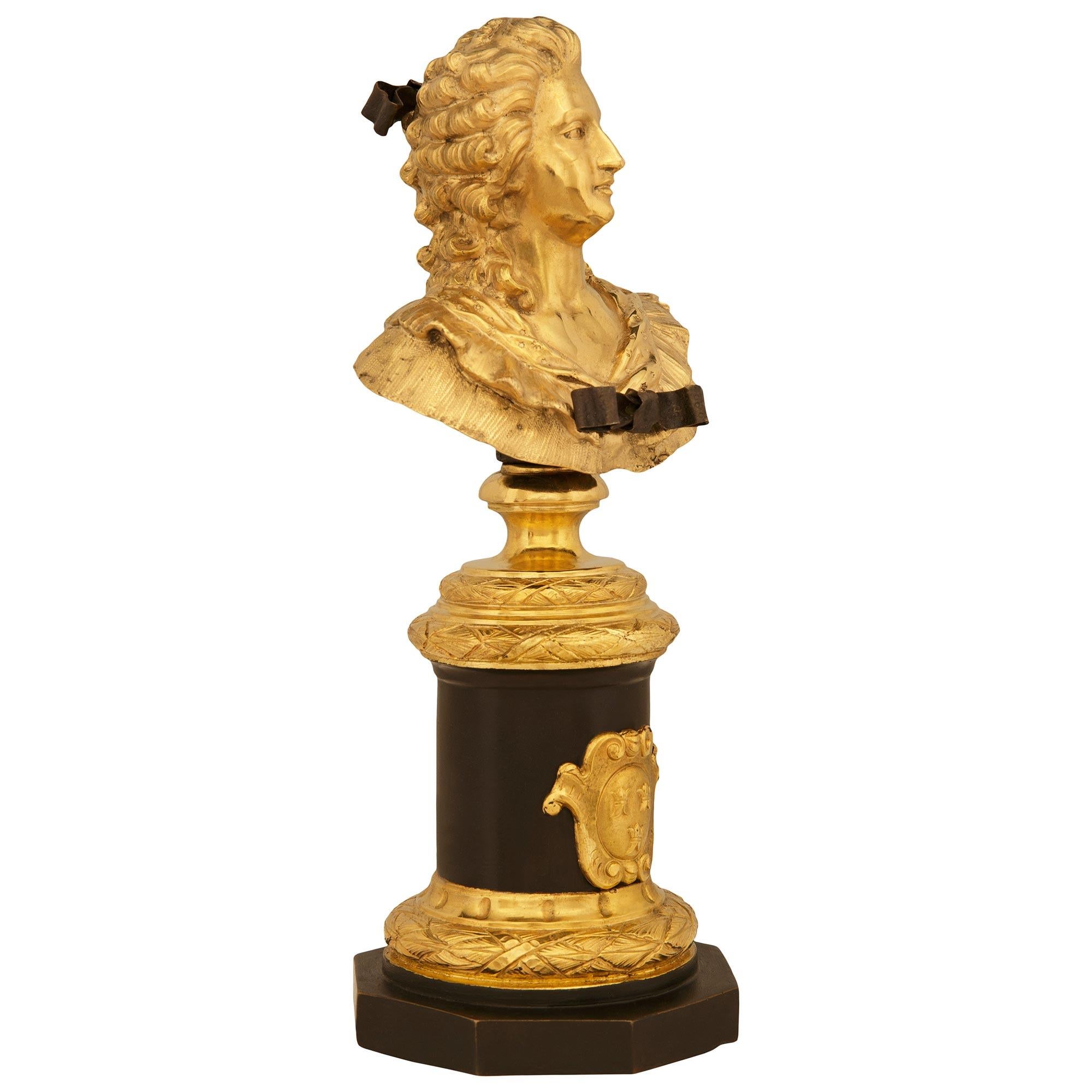 French Pair of patinated Bronze and Ormolu busts of Louis XVI and Marie Antoinette For Sale