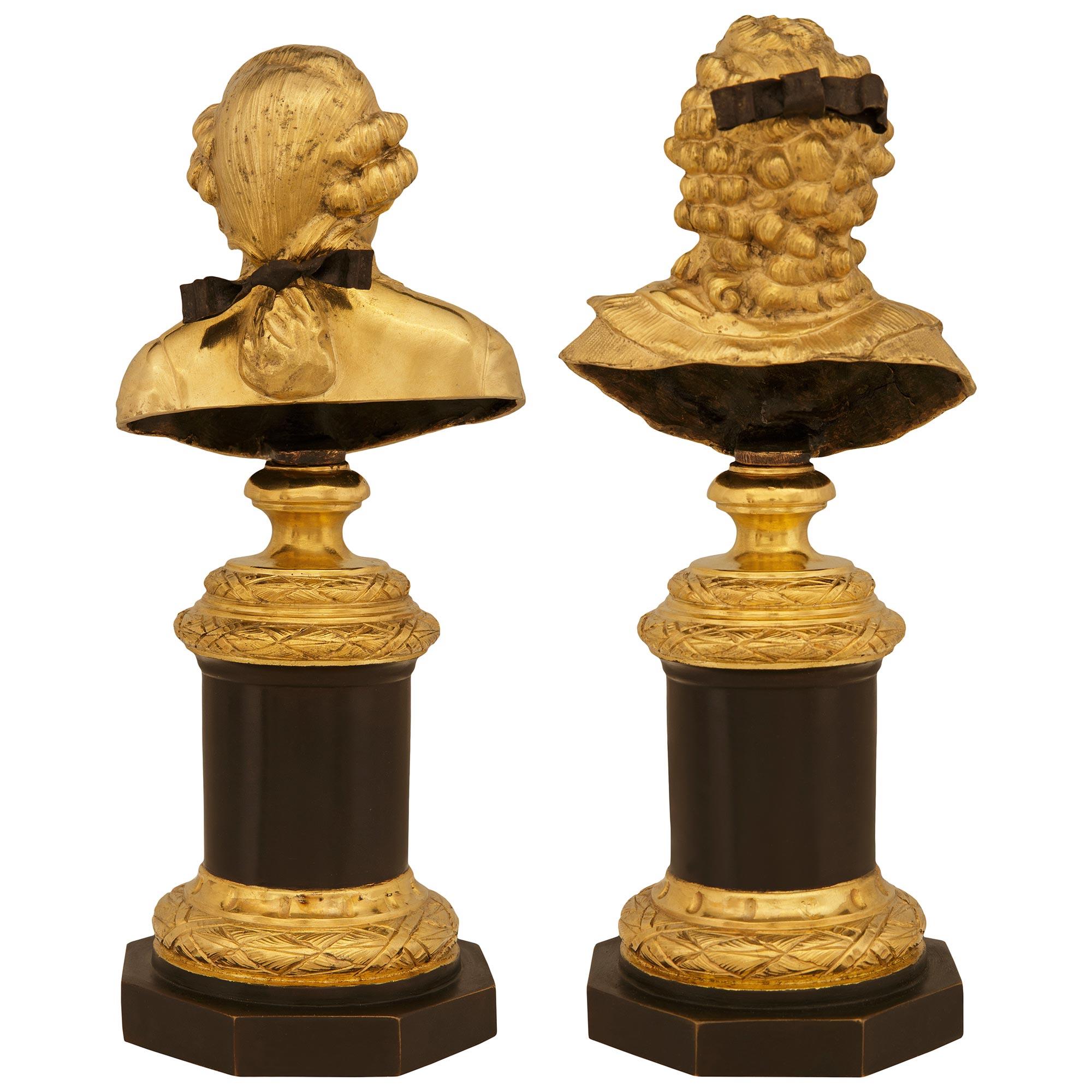 Pair of patinated Bronze and Ormolu busts of Louis XVI and Marie Antoinette For Sale 3