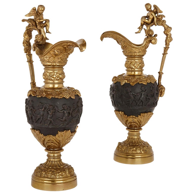 Pair of Patinated Bronze and Ormolu Ewer Vases For Sale