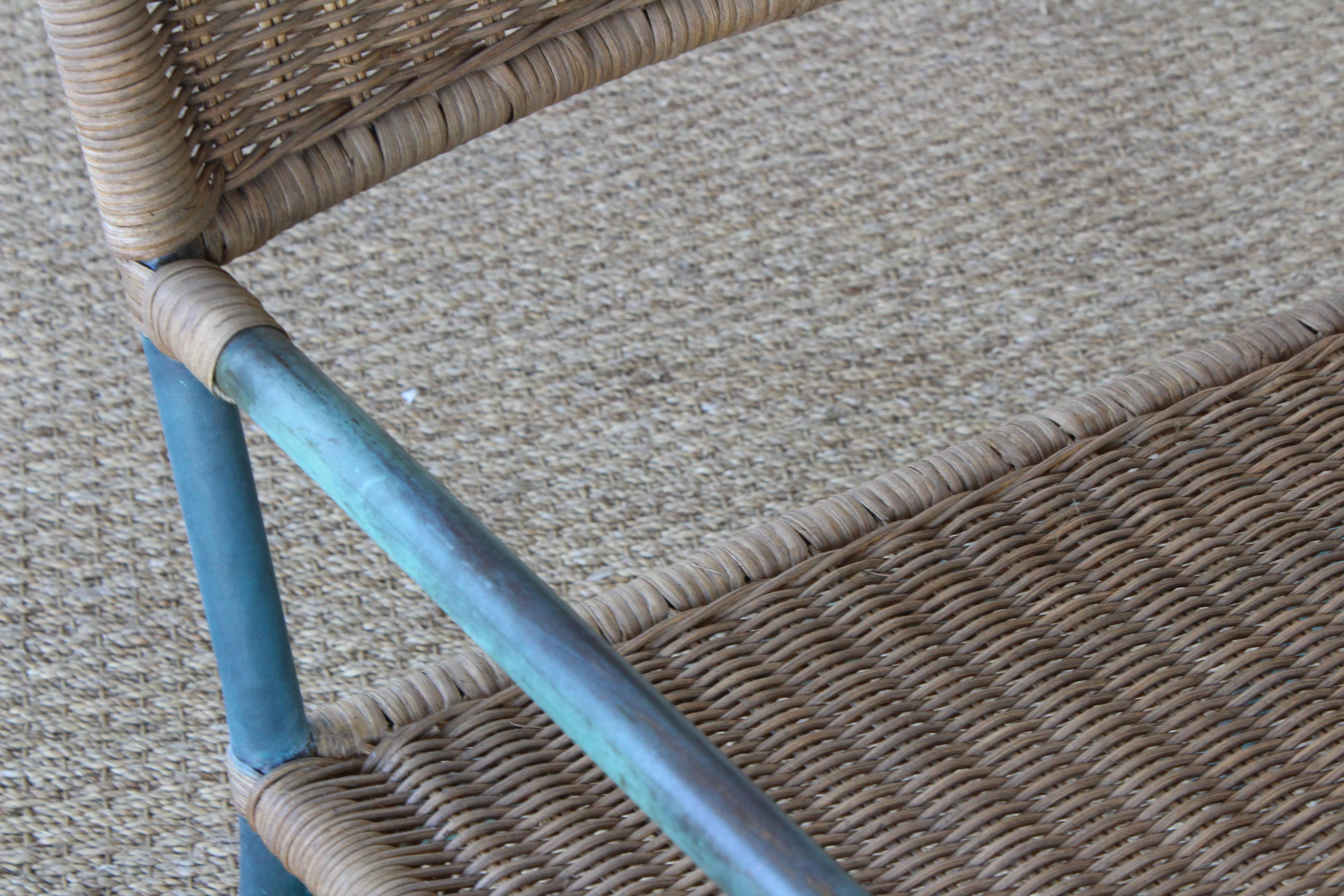 Pair of Patinated Bronze and Wicker Walter Lamb Style Armchairs, USA, 1960s 3