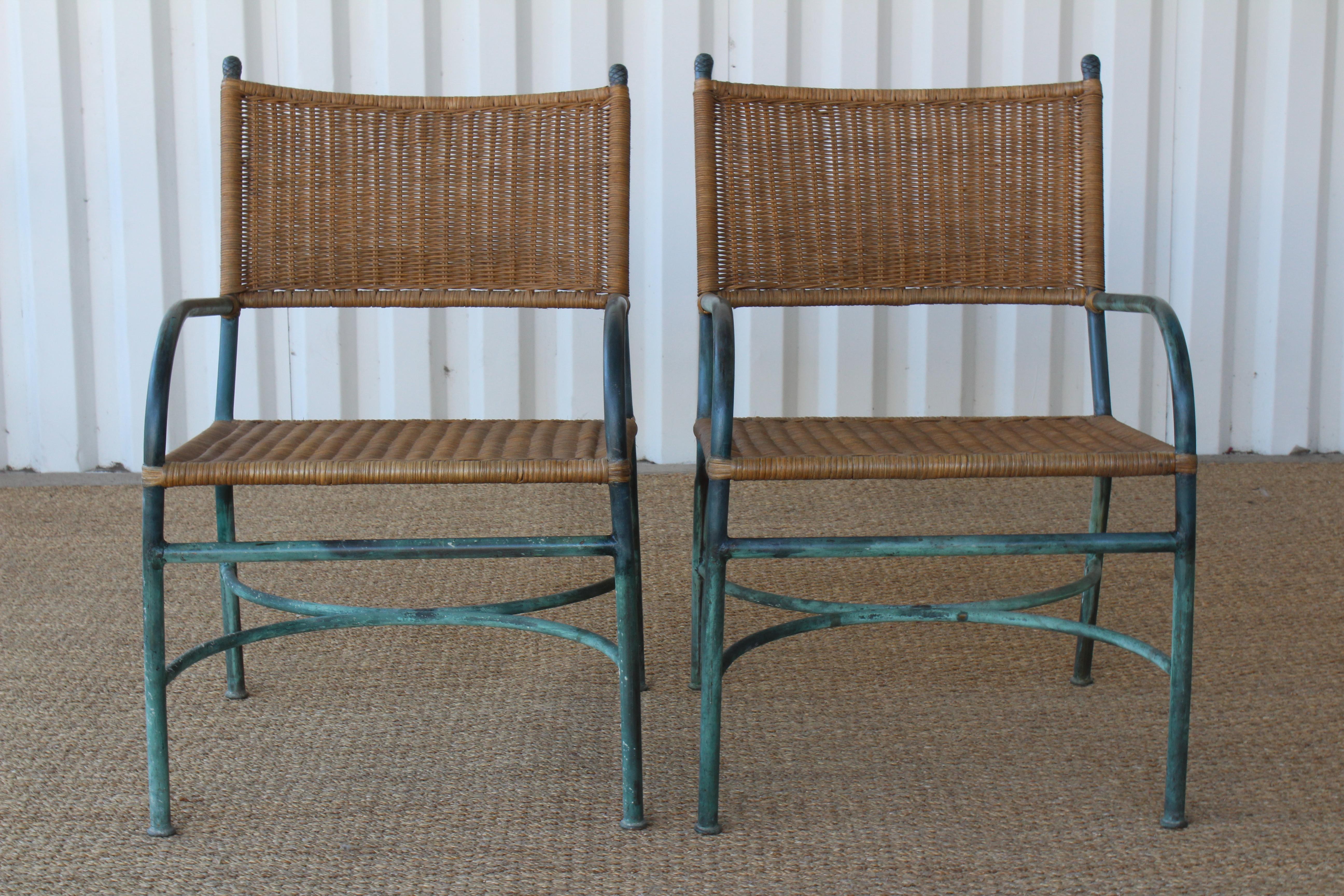 Mid-Century Modern Pair of Patinated Bronze and Wicker Walter Lamb Style Armchairs, USA, 1960s