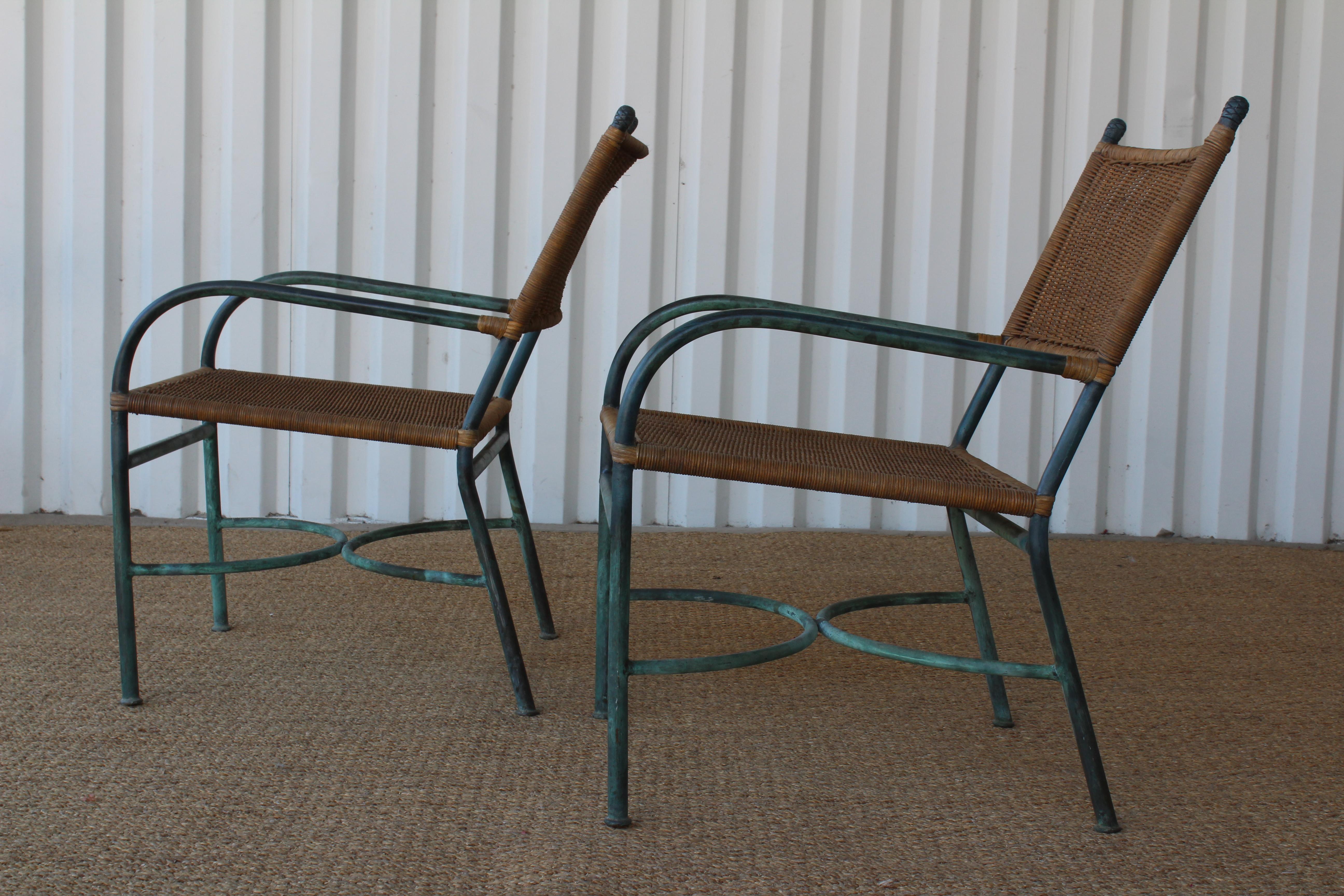 American Pair of Patinated Bronze and Wicker Walter Lamb Style Armchairs, USA, 1960s