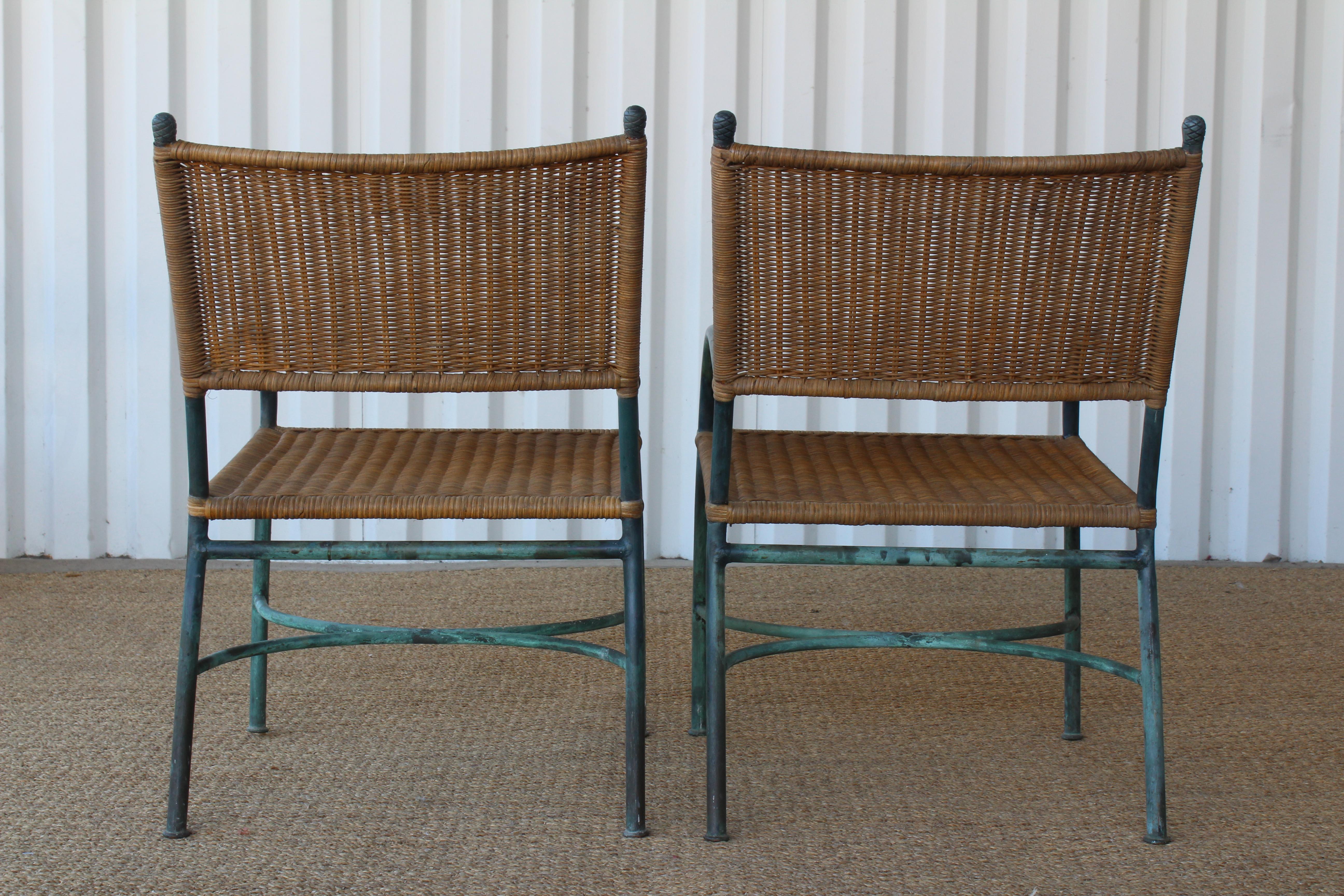 Hand-Woven Pair of Patinated Bronze and Wicker Walter Lamb Style Armchairs, USA, 1960s