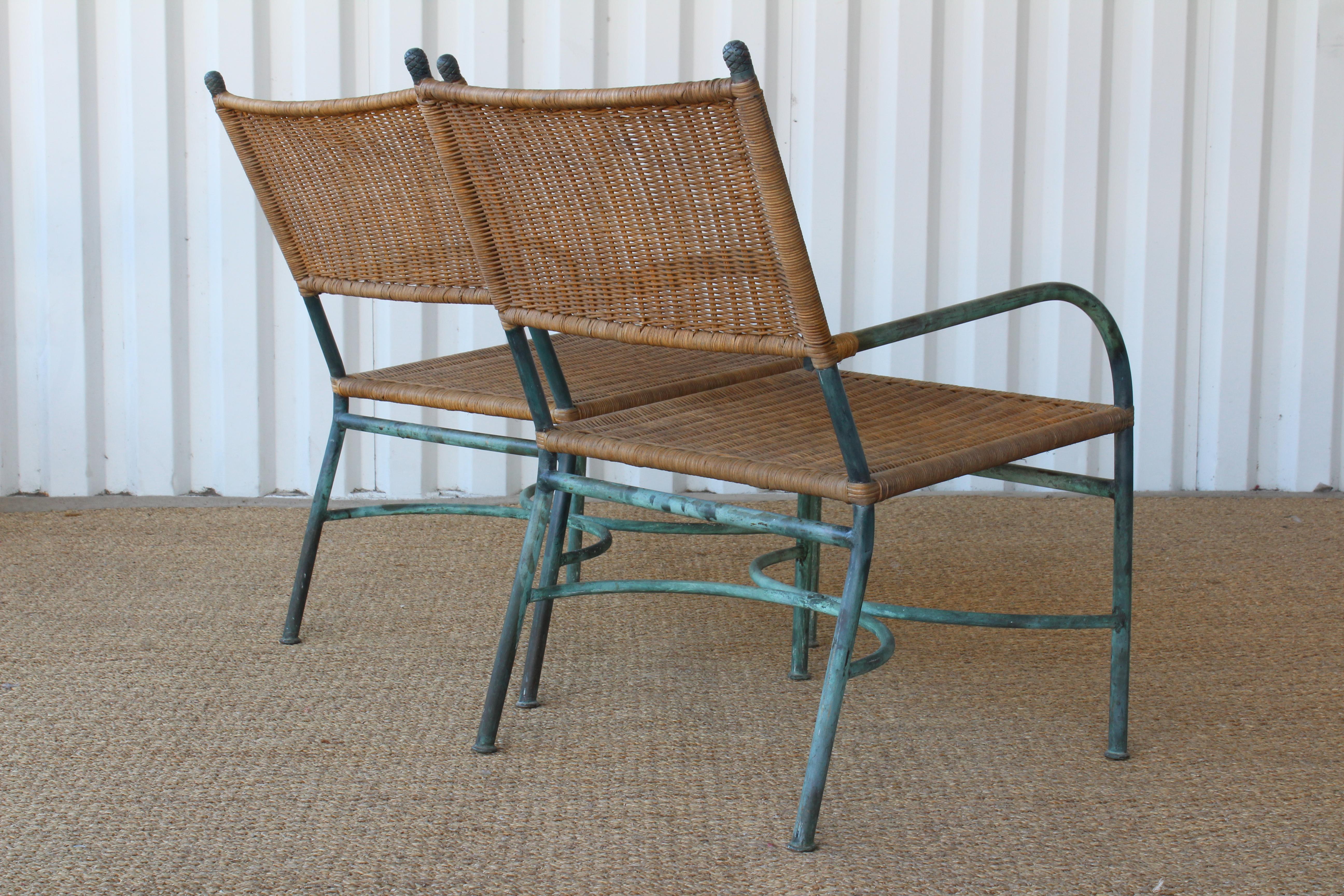 Pair of Patinated Bronze and Wicker Walter Lamb Style Armchairs, USA, 1960s In Excellent Condition In Los Angeles, CA