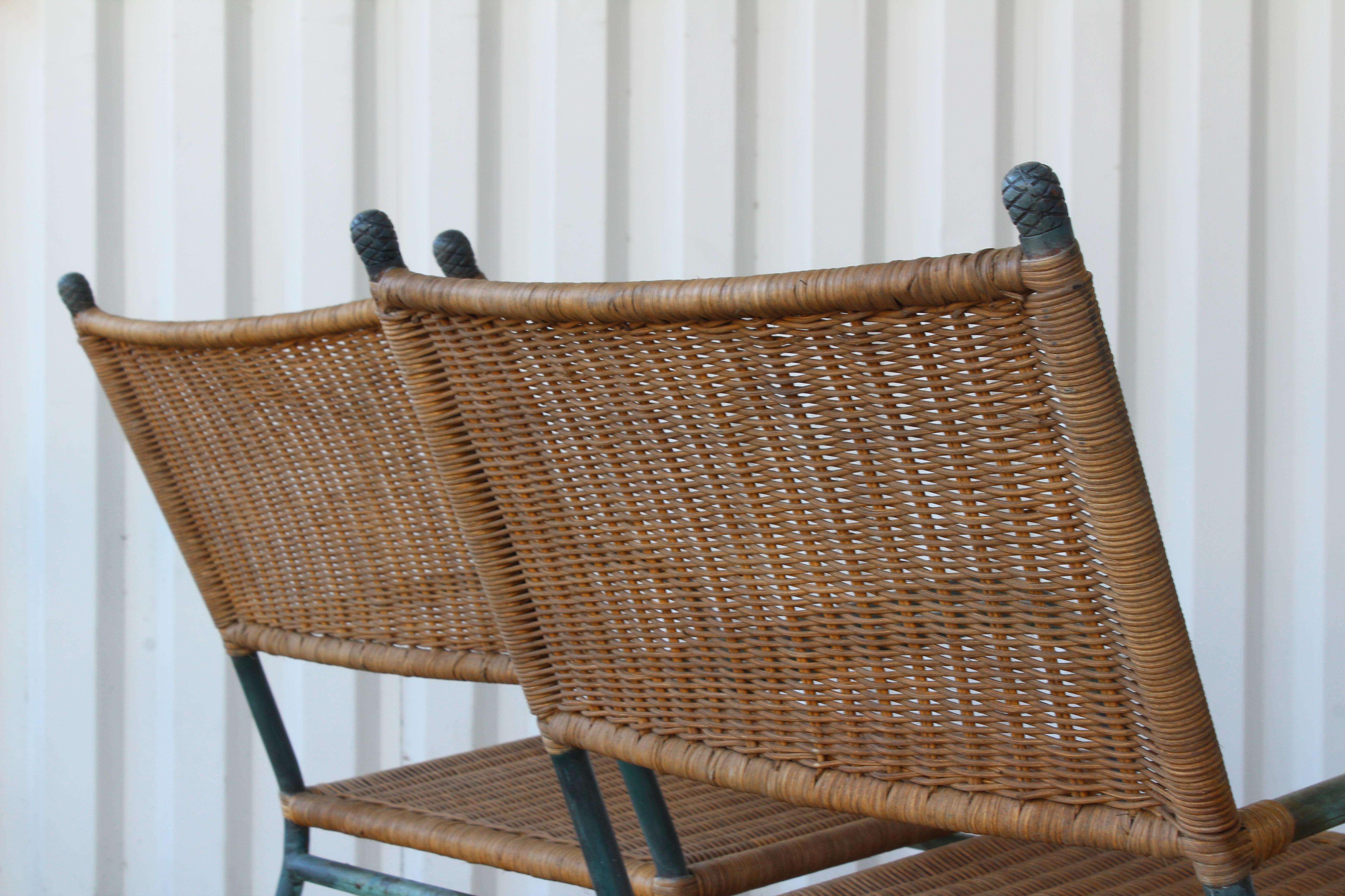 Mid-20th Century Pair of Patinated Bronze and Wicker Walter Lamb Style Armchairs, USA, 1960s