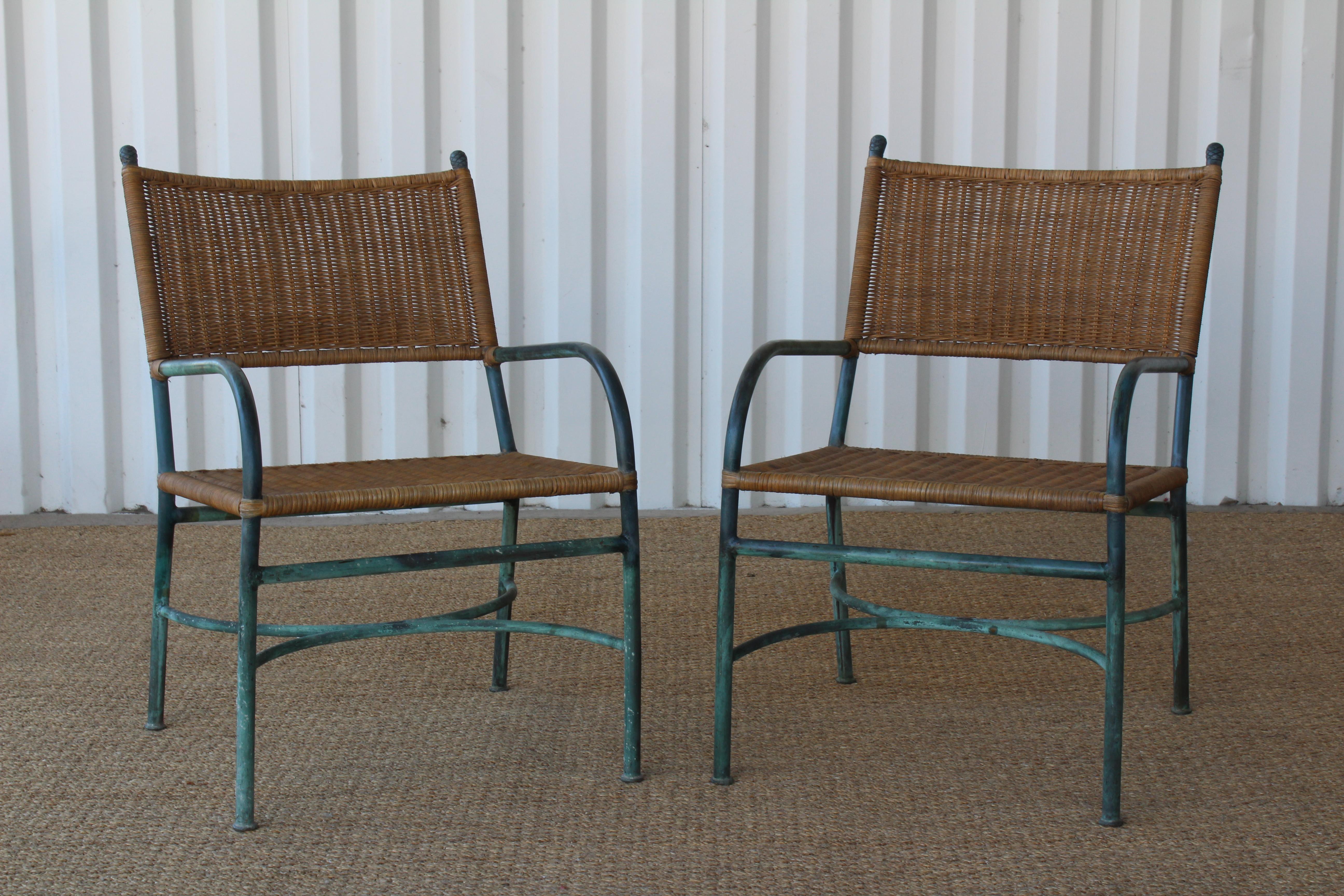 Pair of Patinated Bronze and Wicker Walter Lamb Style Armchairs, USA, 1960s 1