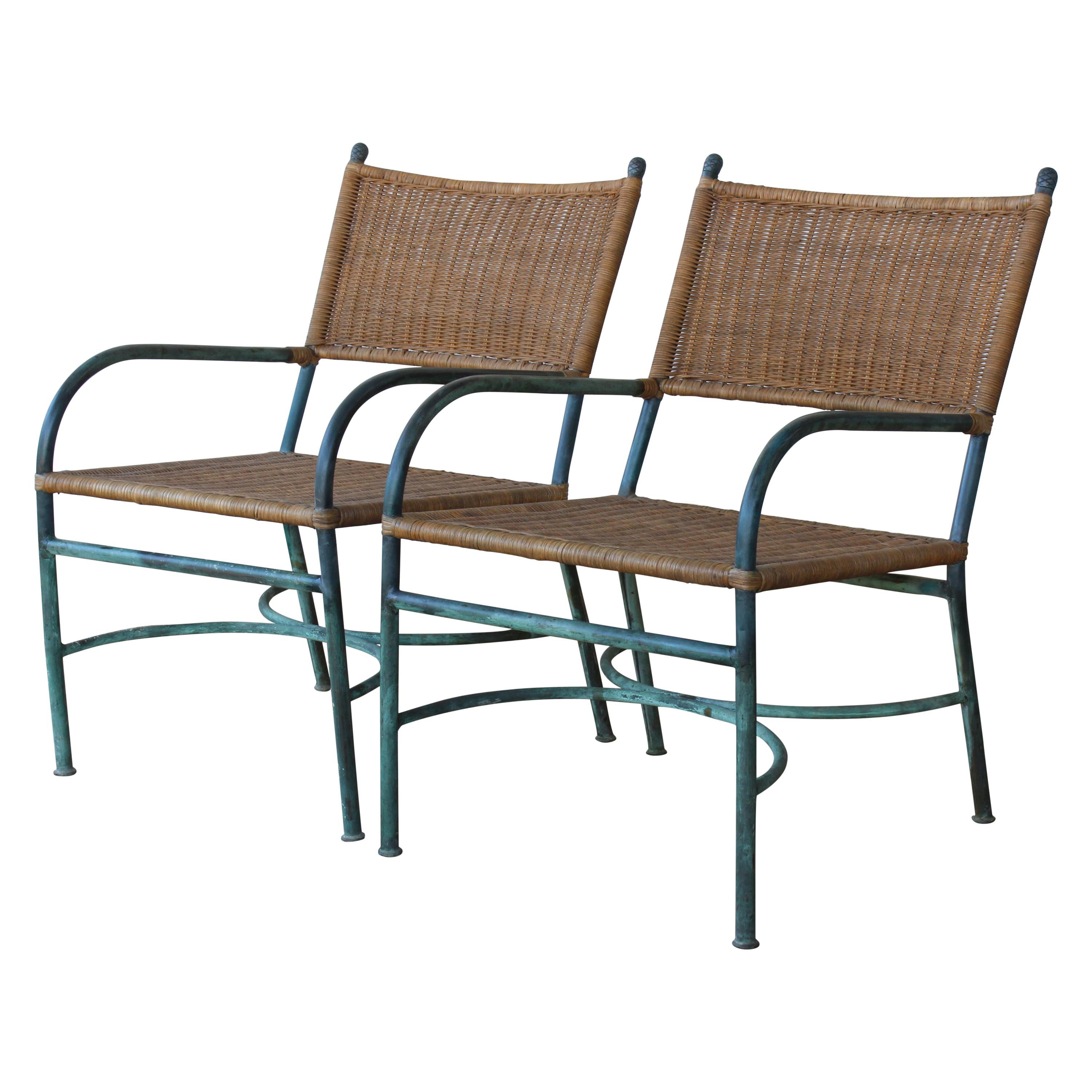 Pair of Patinated Bronze and Wicker Walter Lamb Style Armchairs, USA, 1960s