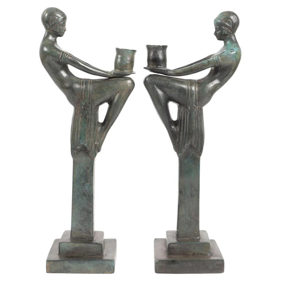 Pair of Patinated Bronze Art Deco Female Figure Candle Holders