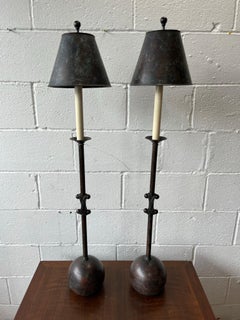 Pair of Patinated Bronze Arts & Crafts Table or Buffet Lamps with Metal Shades