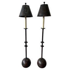 Pair of Patinated Bronze Arts & Crafts Table or Buffet Lamps with Metal Shades