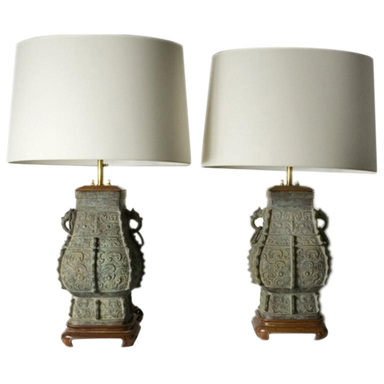 Pair of Patinated Bronze Asian Style Lamps