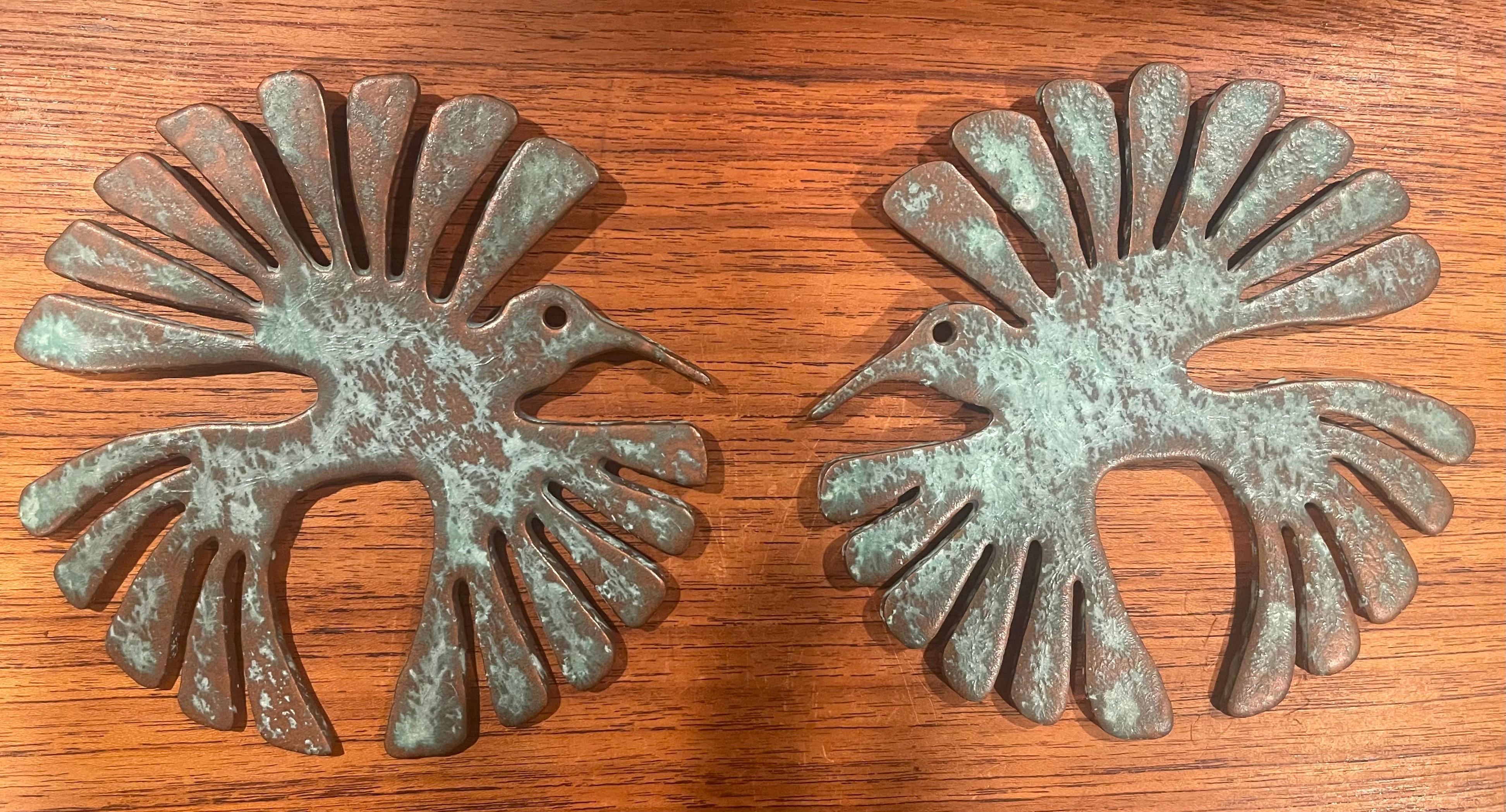 North American Pair of Patinated Bronze Bird Wall Hangings with Verdigris Finish
