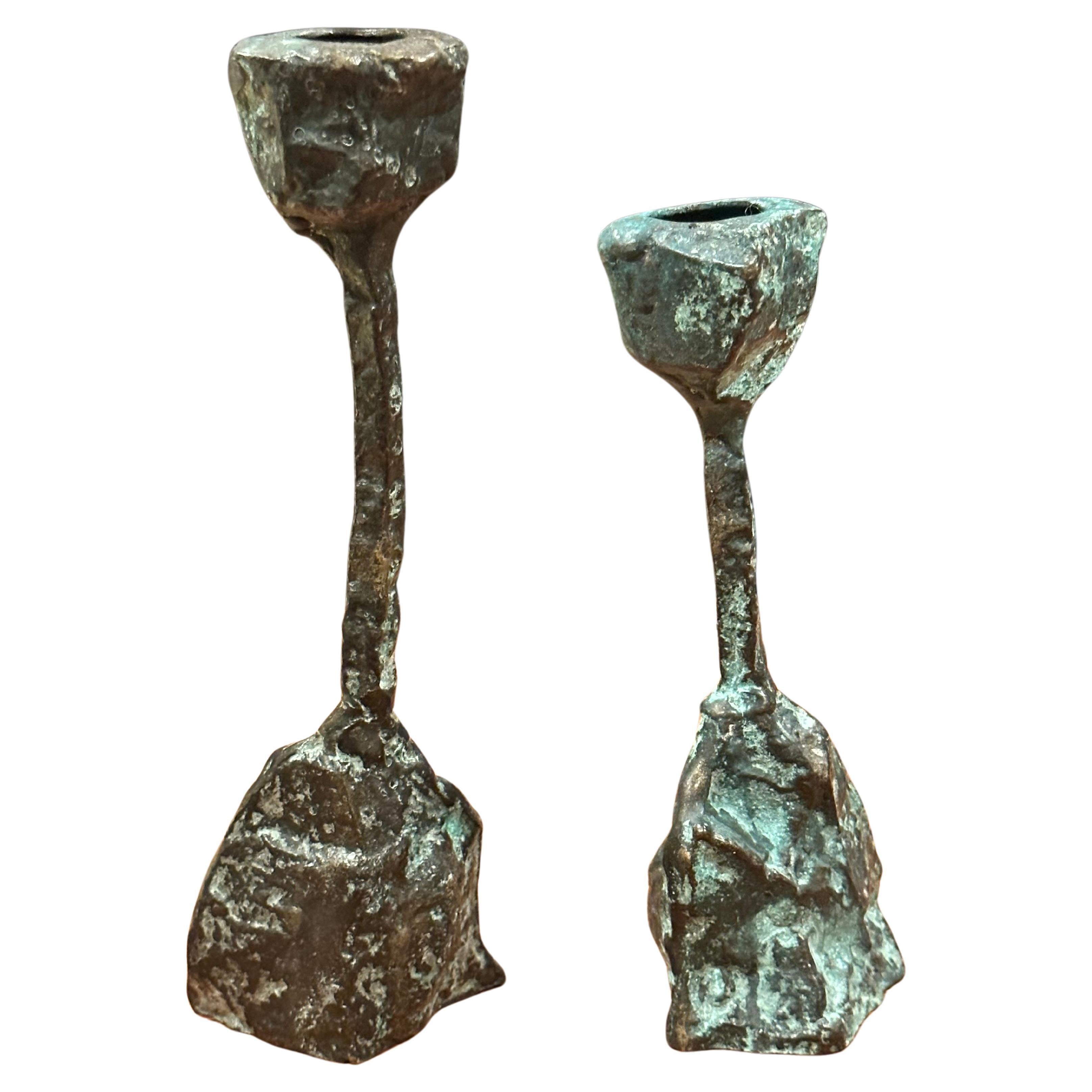 Pair of Patinated Bronze Brutalist Candleholders in the Style of Paul Evans 6