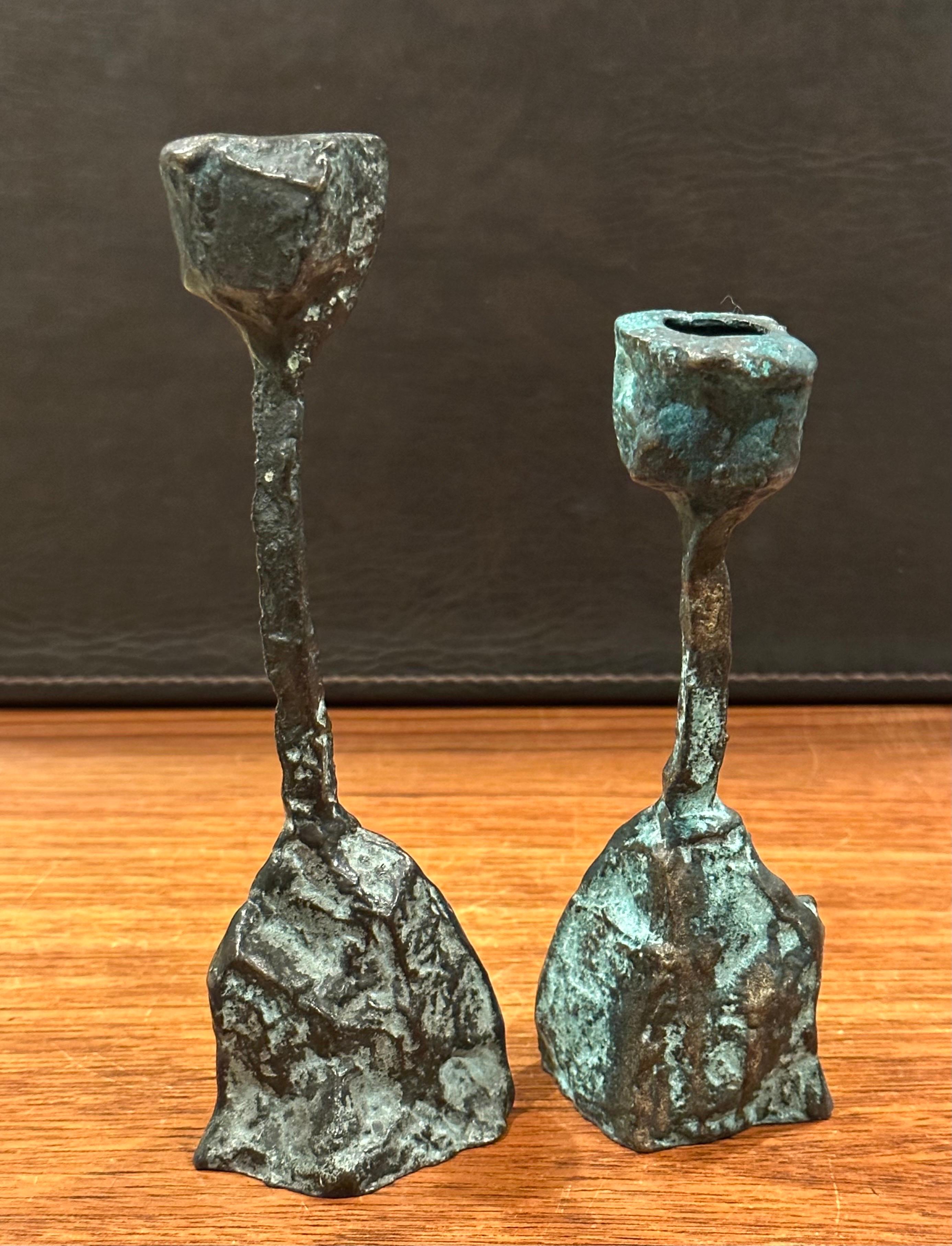 Pair of Patinated Bronze Brutalist Candleholders in the Style of Paul Evans 1