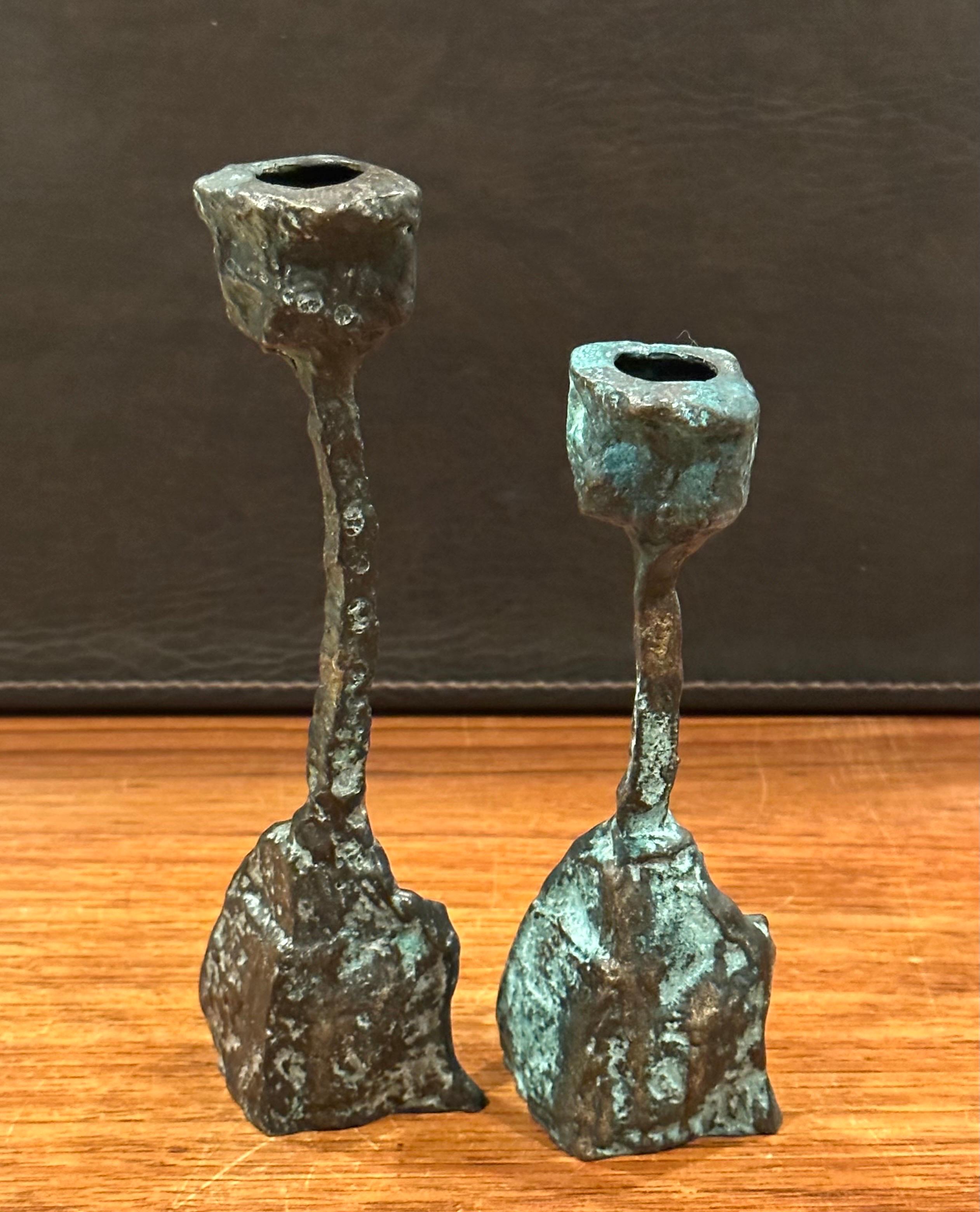 Pair of Patinated Bronze Brutalist Candleholders in the Style of Paul Evans 2
