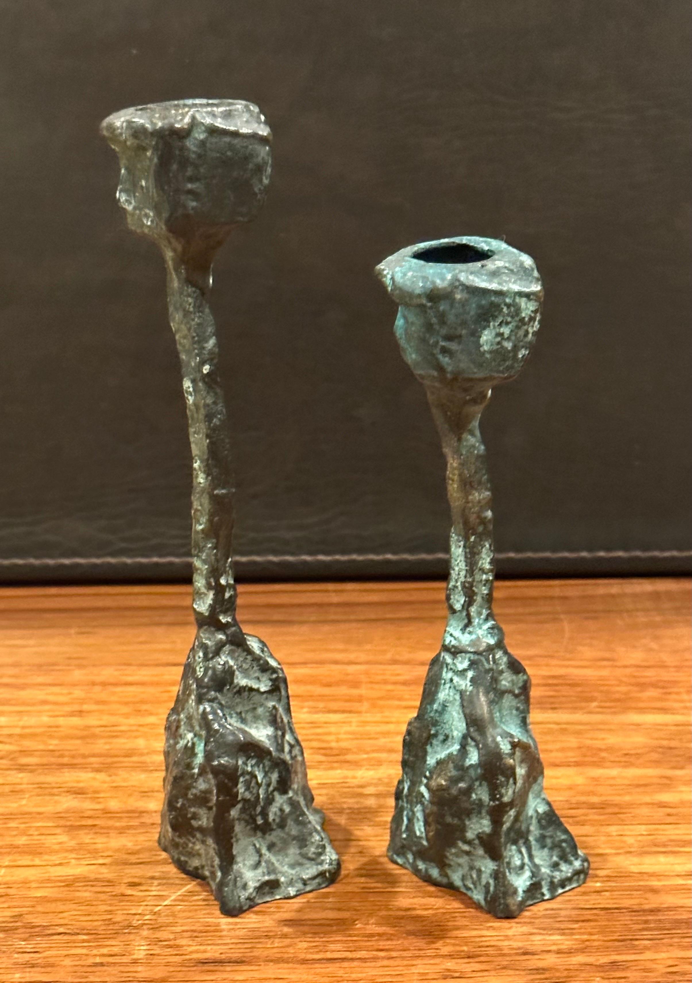 Pair of Patinated Bronze Brutalist Candleholders in the Style of Paul Evans 3