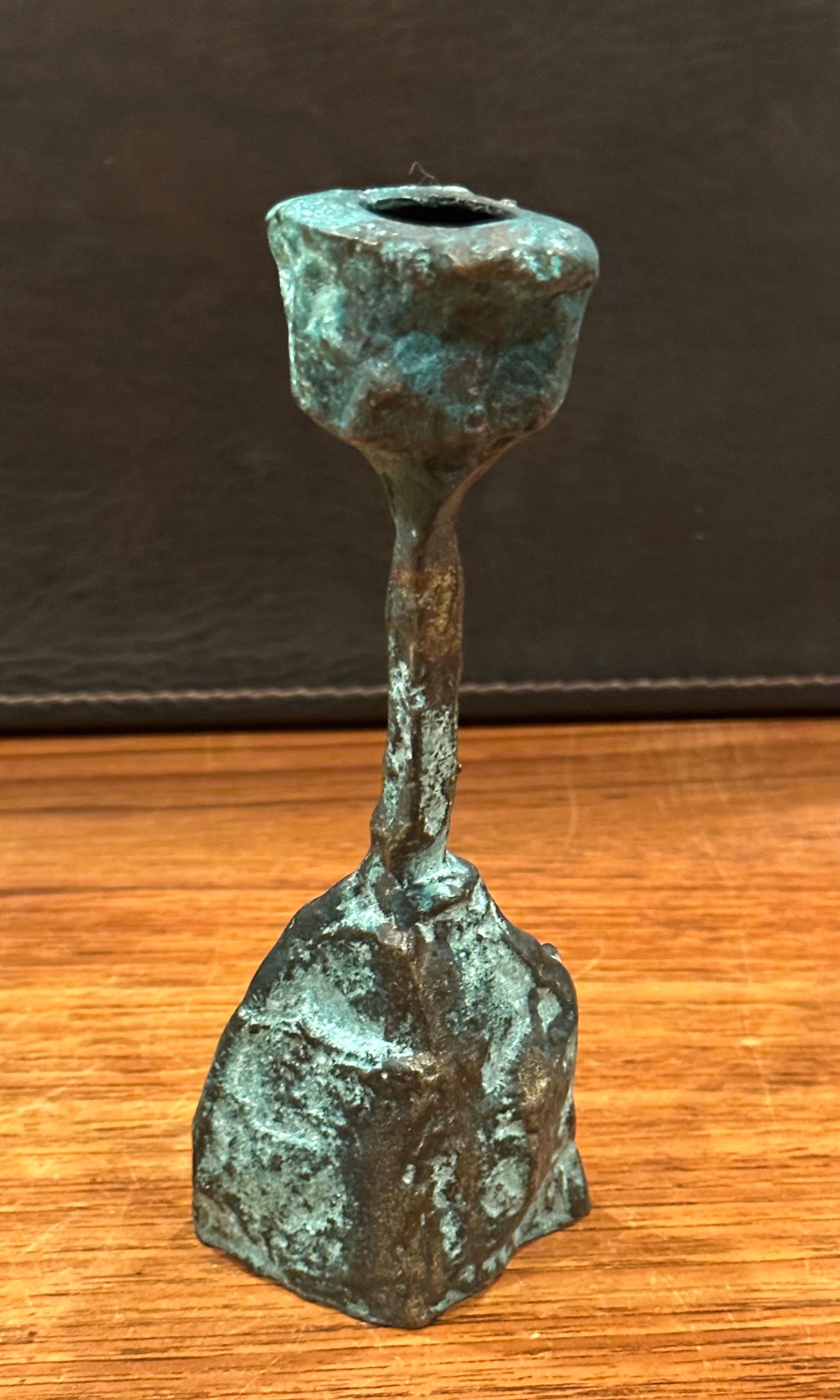 Pair of Patinated Bronze Brutalist Candleholders in the Style of Paul Evans 4
