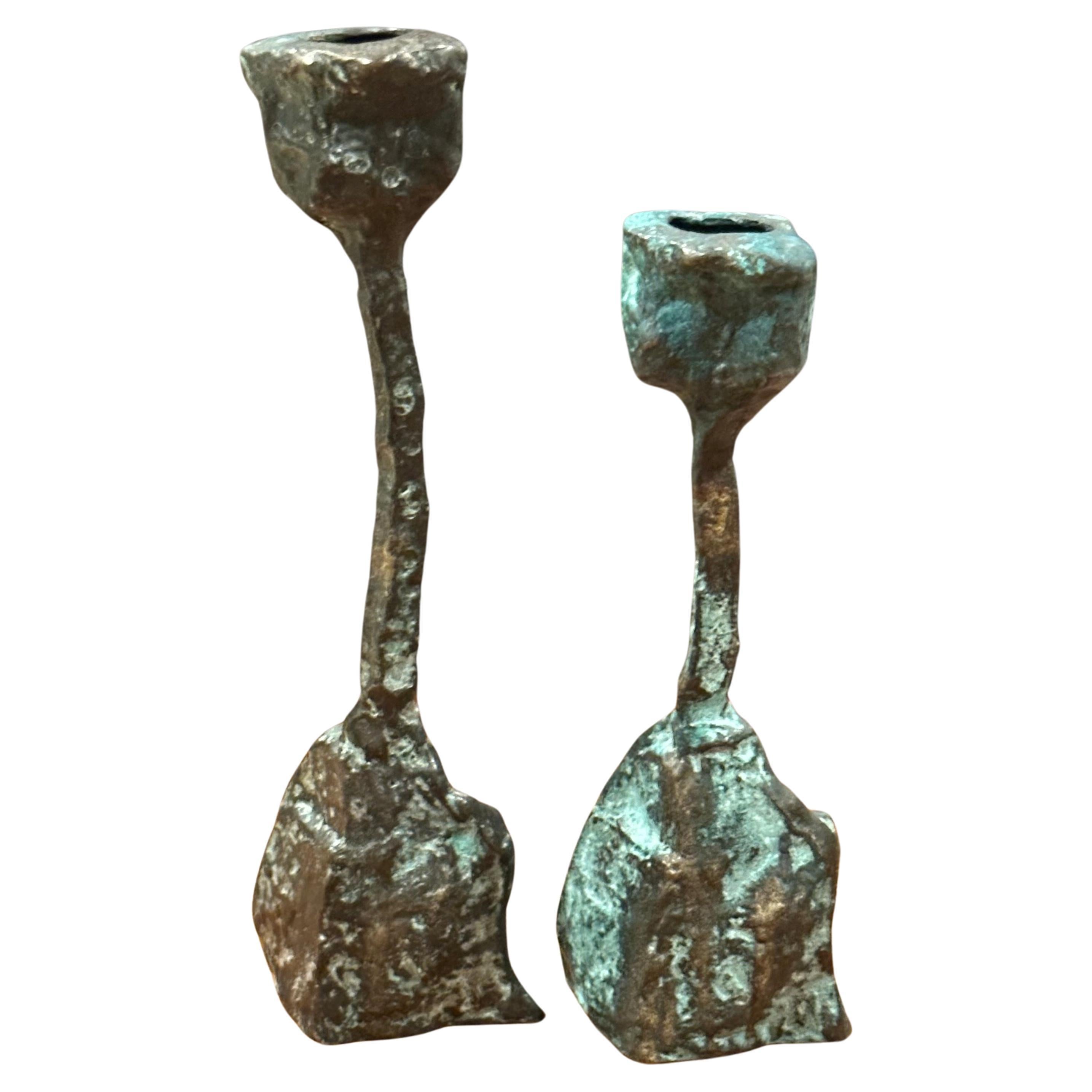 Pair of Patinated Bronze Brutalist Candleholders in the Style of Paul Evans