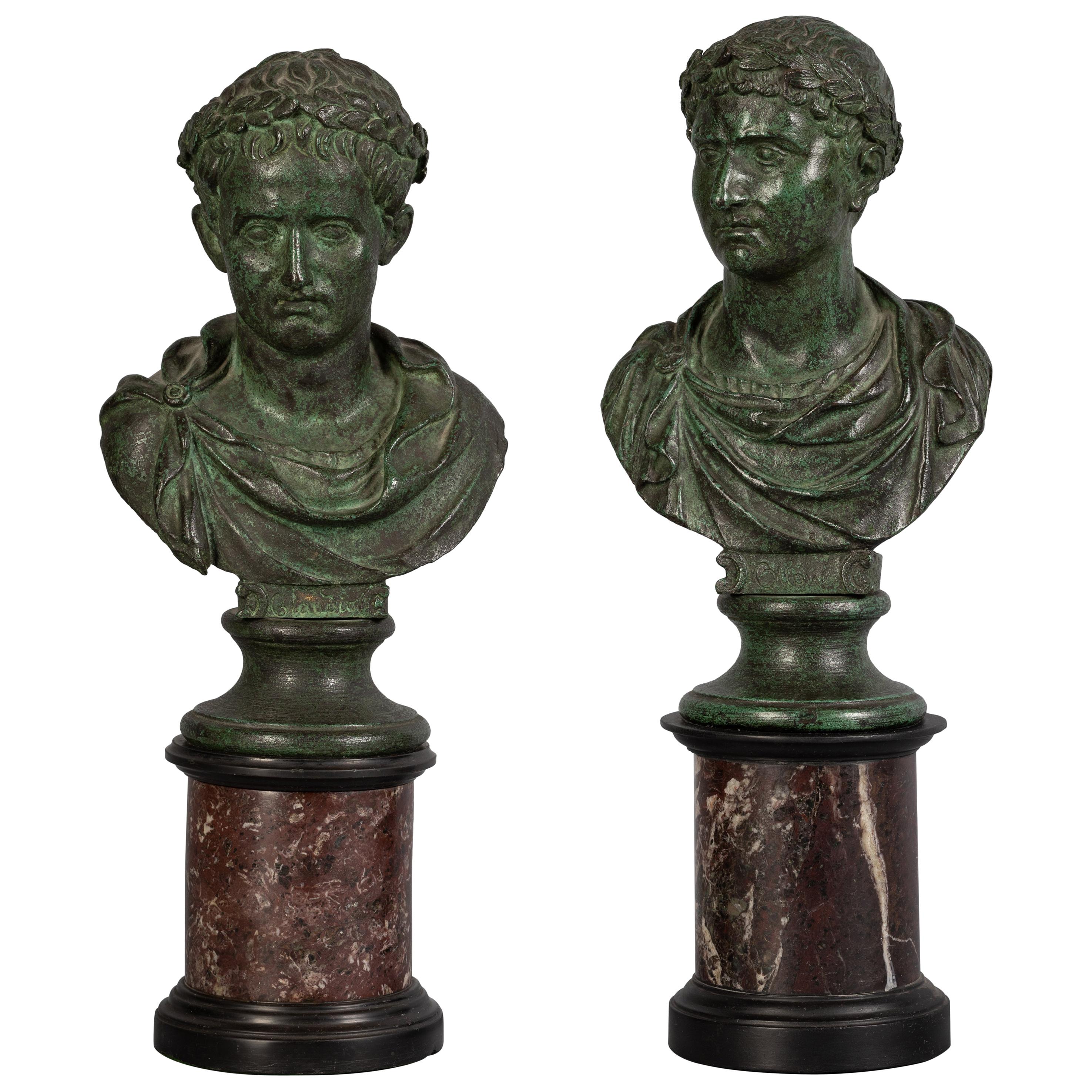Pair of Patinated Bronze Busts on Marble Stands, circa 1800