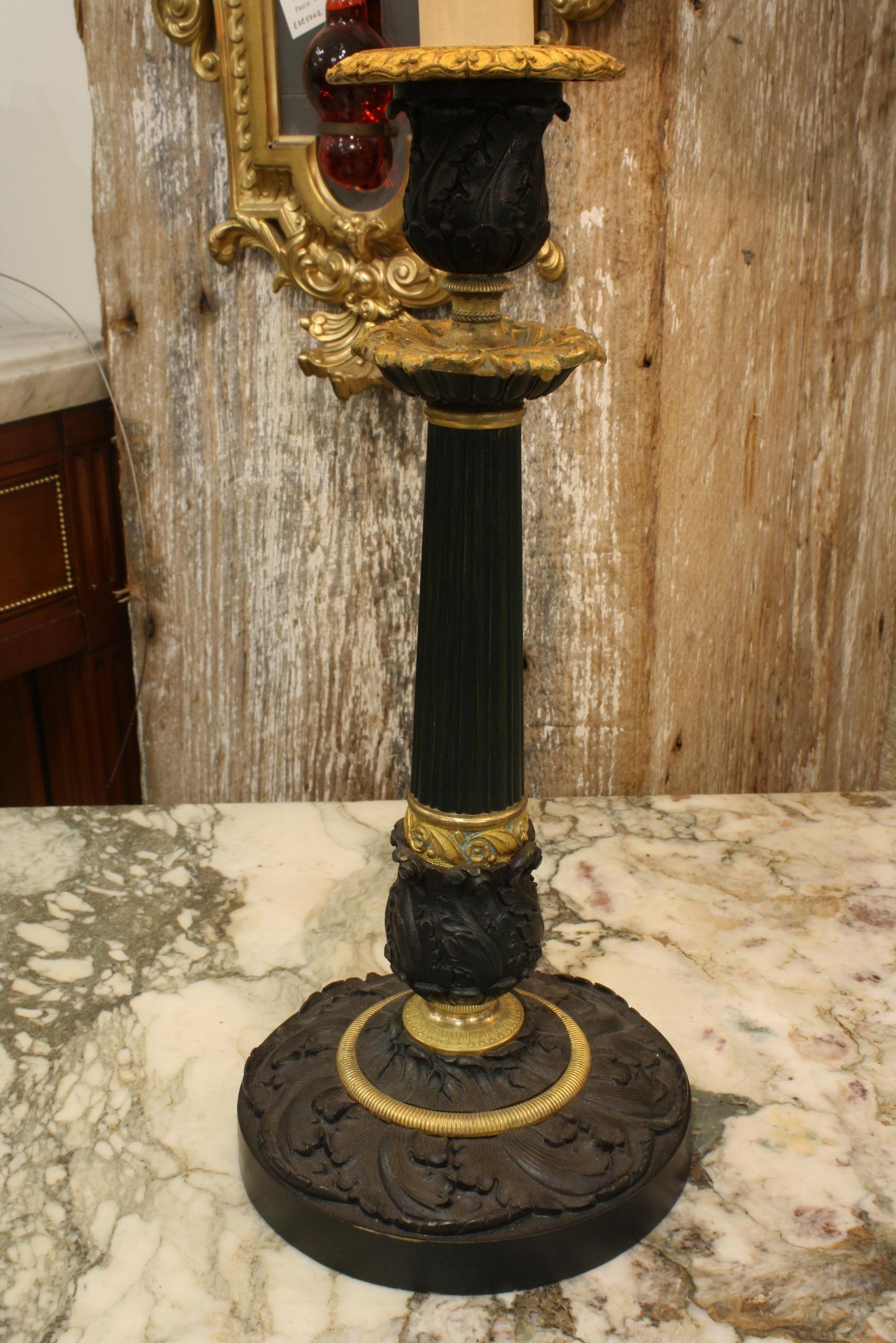 Pair of Gilt and Patinated Bronze Candlestick Lamps with Orange Silk Shades For Sale 2