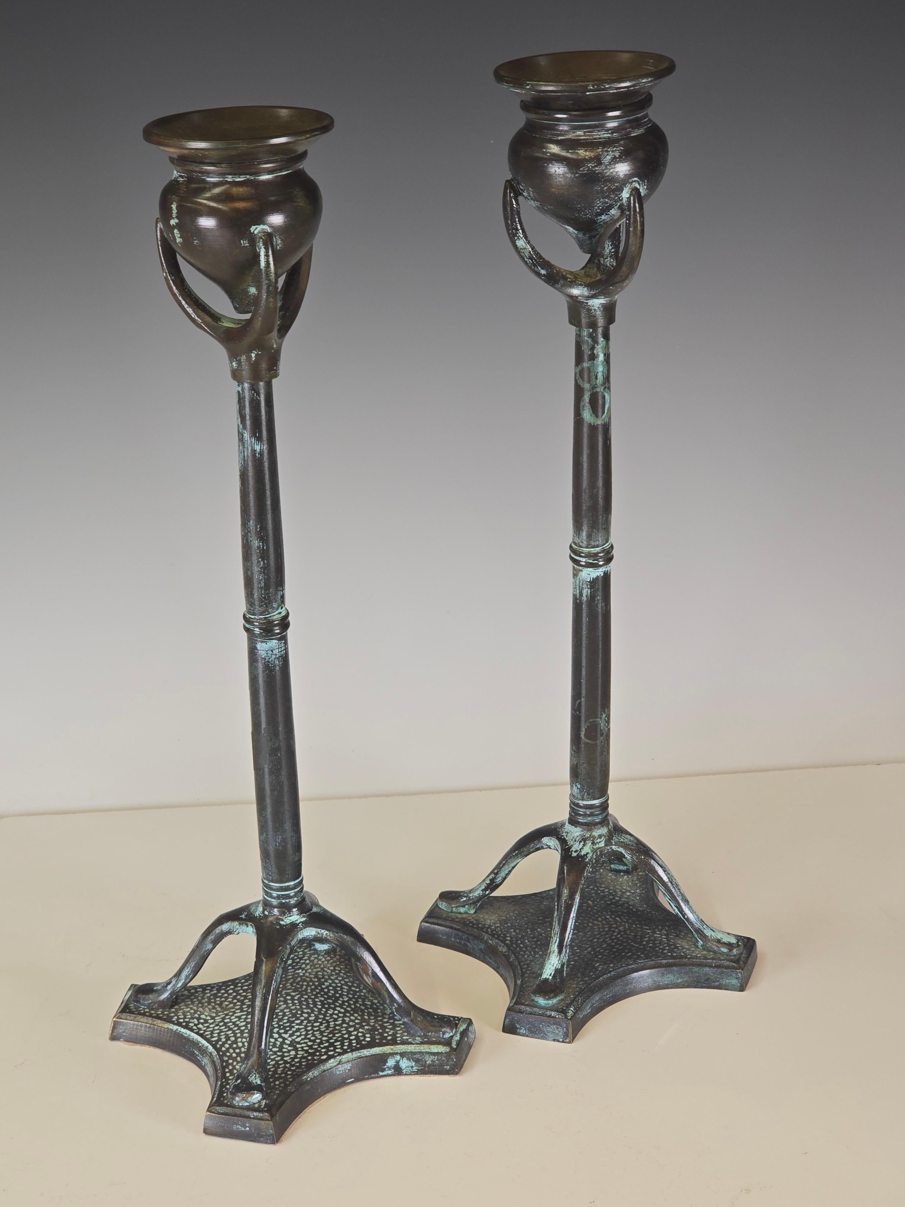 Late 20th Century Pair of Patinated Bronze Candlesticks For Sale