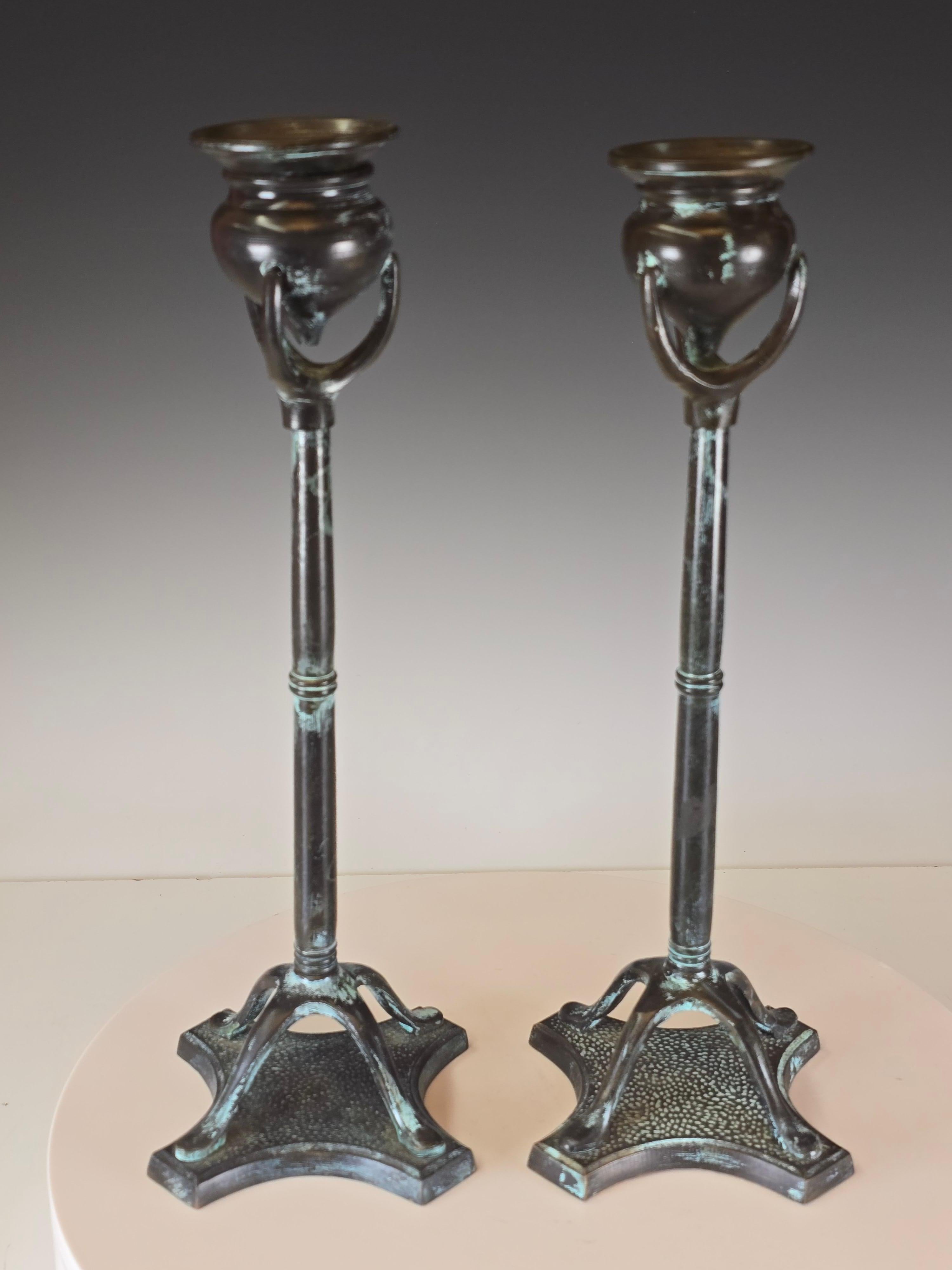 Pair of Patinated Bronze Candlesticks For Sale 1