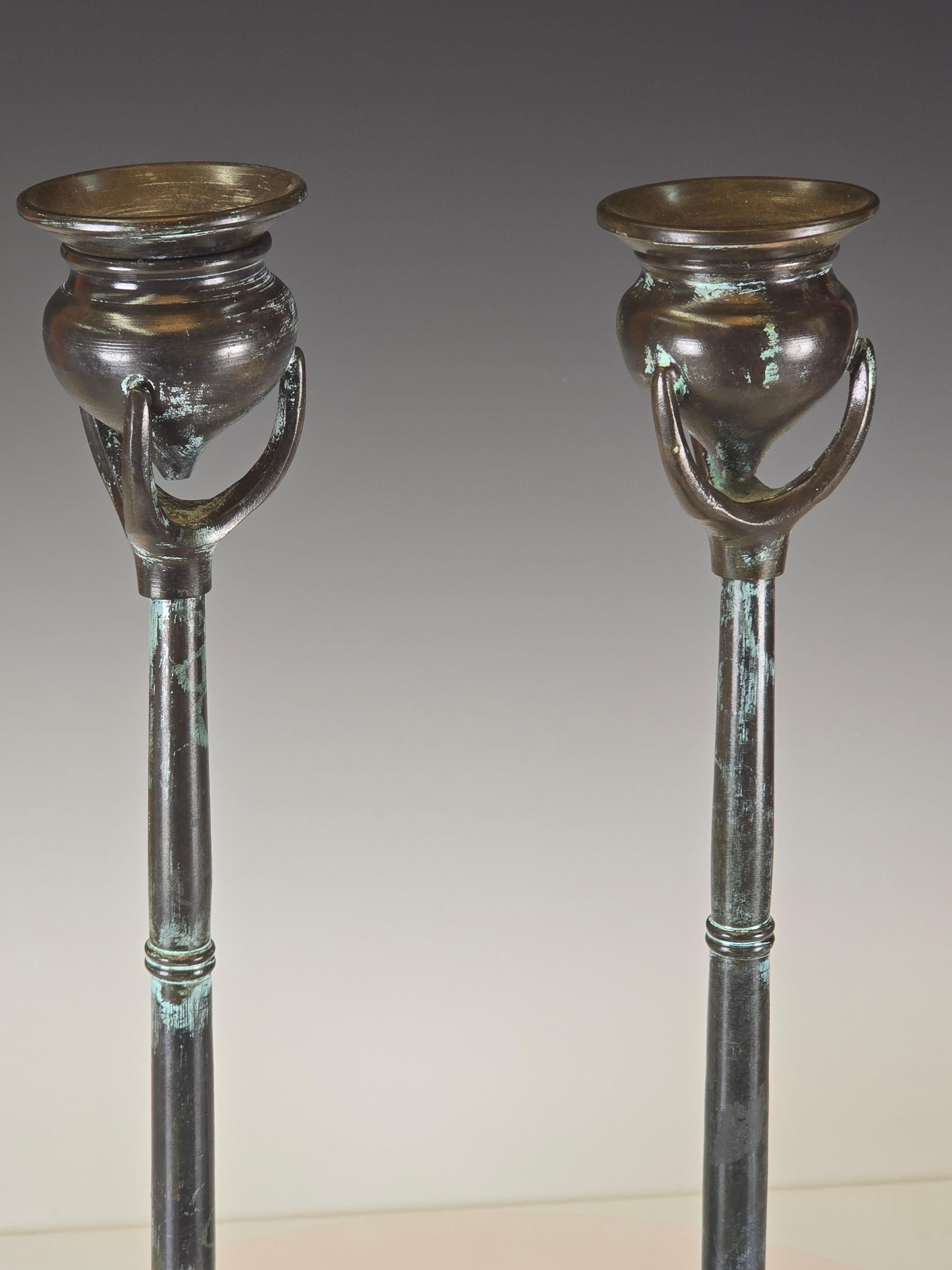 Pair of Patinated Bronze Candlesticks For Sale 3