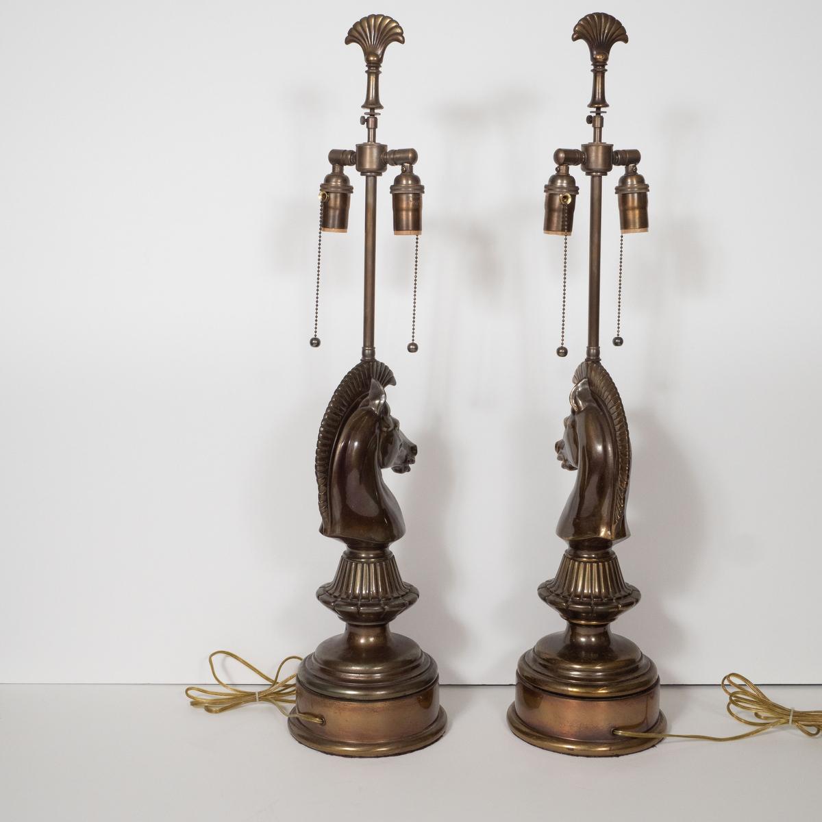 Pair of Patinated Bronze Chess Motif Lamps 5
