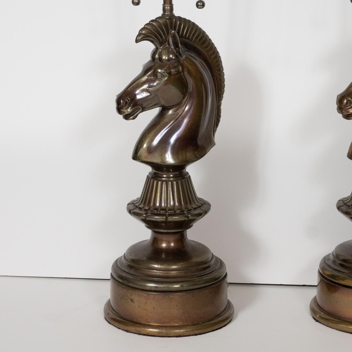 Pair of Patinated Bronze Chess Motif Lamps 7
