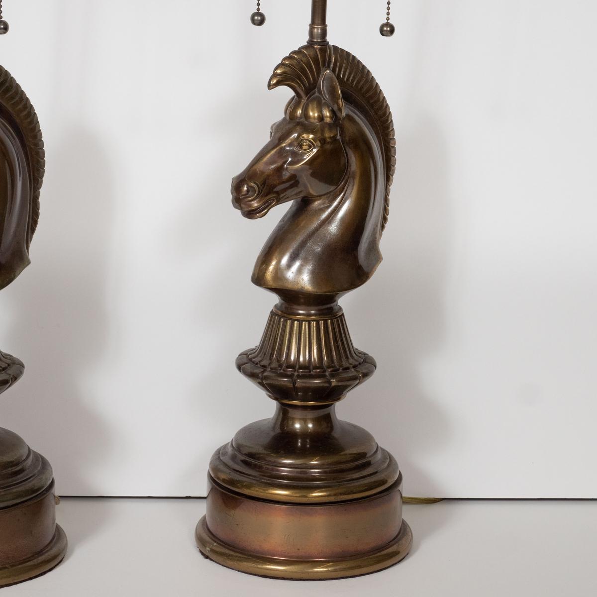 Pair of Patinated Bronze Chess Motif Lamps 8