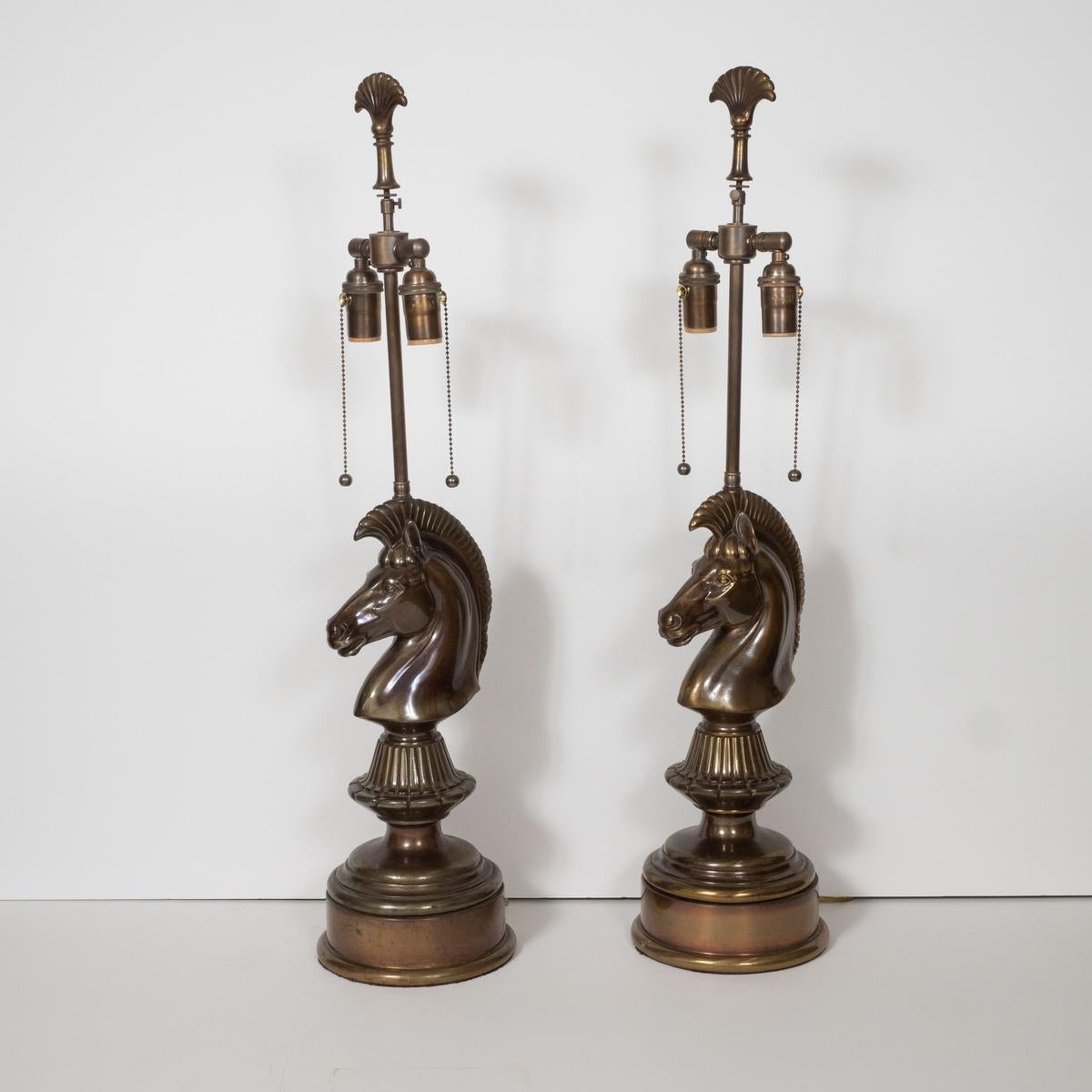 Mid-Century Modern Pair of Patinated Bronze Chess Motif Lamps
