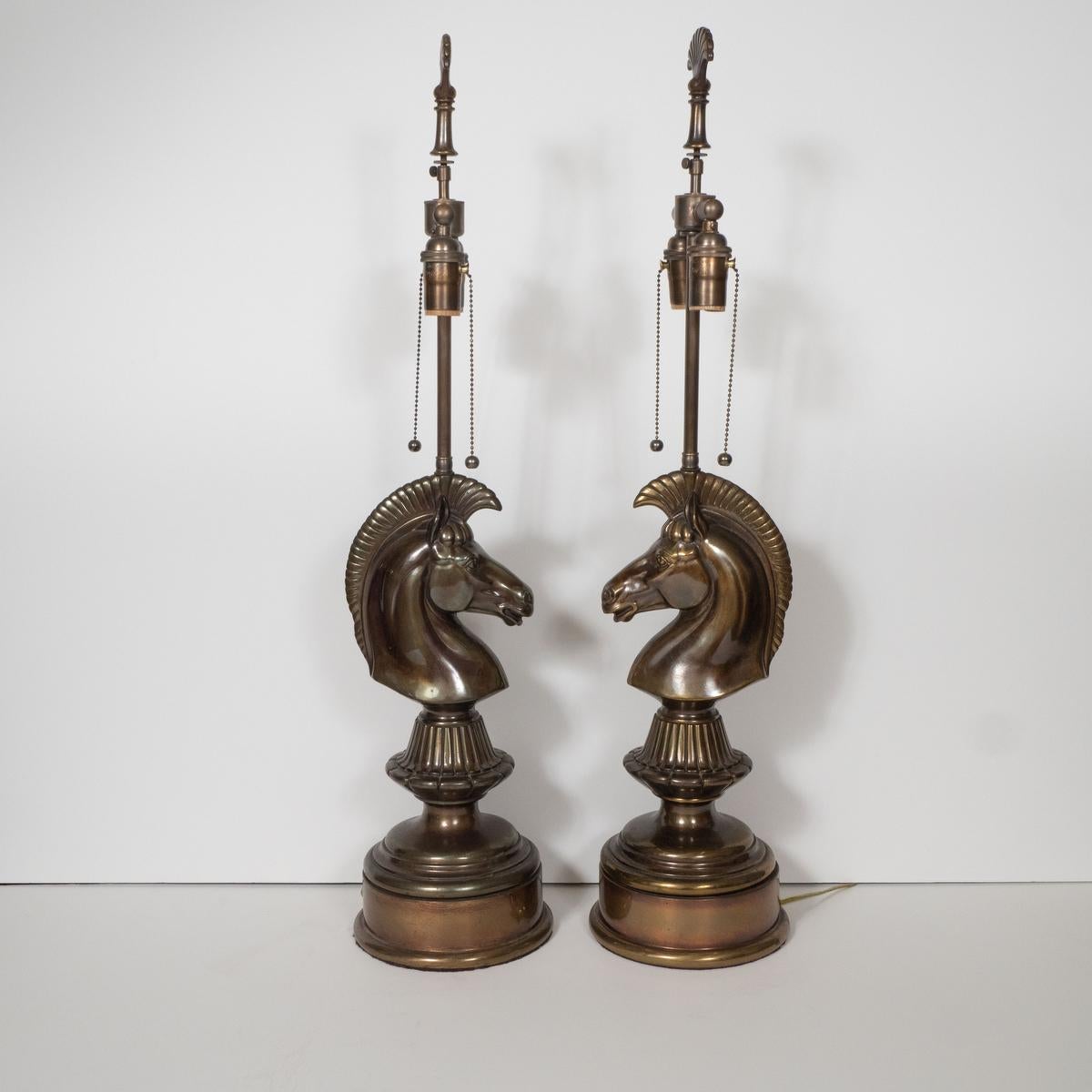 American Pair of Patinated Bronze Chess Motif Lamps