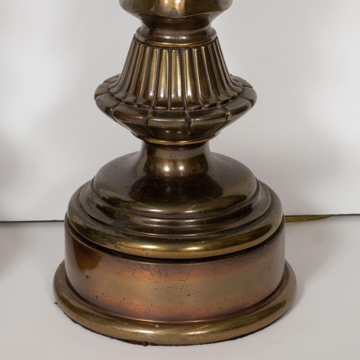 Late 20th Century Pair of Patinated Bronze Chess Motif Lamps