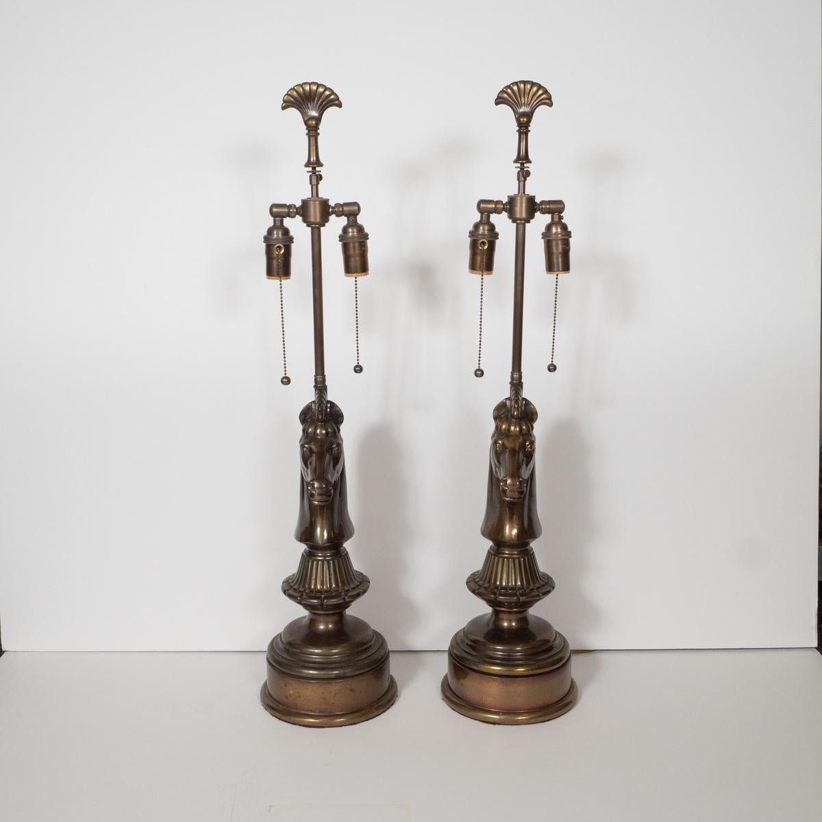 Pair of Patinated Bronze Chess Motif Lamps 2