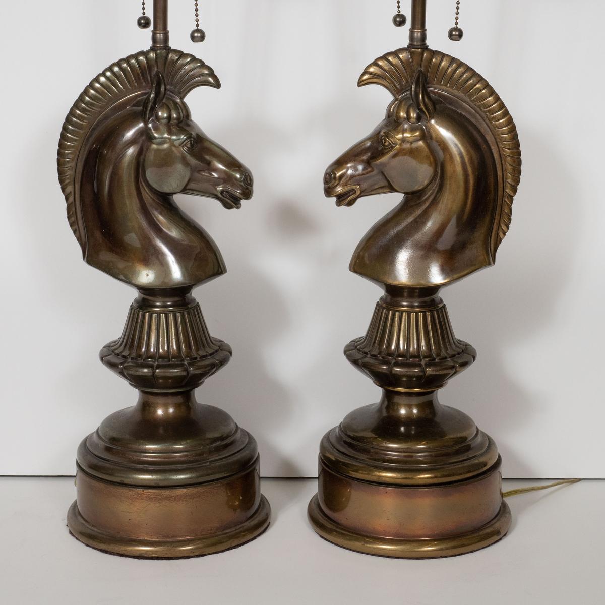 Pair of Patinated Bronze Chess Motif Lamps 3