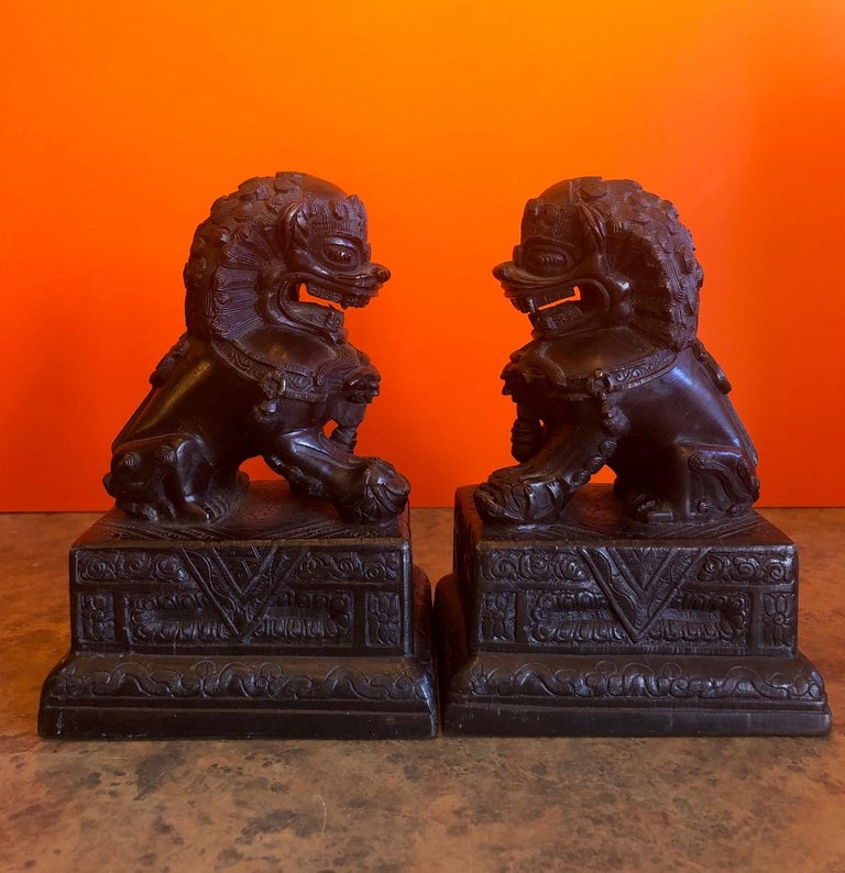 Pair of Patinated Bronze Chinese Foo Dogs / Book Ends For Sale 1