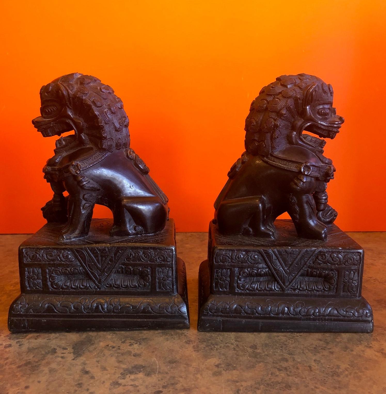 Pair of Patinated Bronze Chinese Foo Dogs / Book Ends For Sale 3