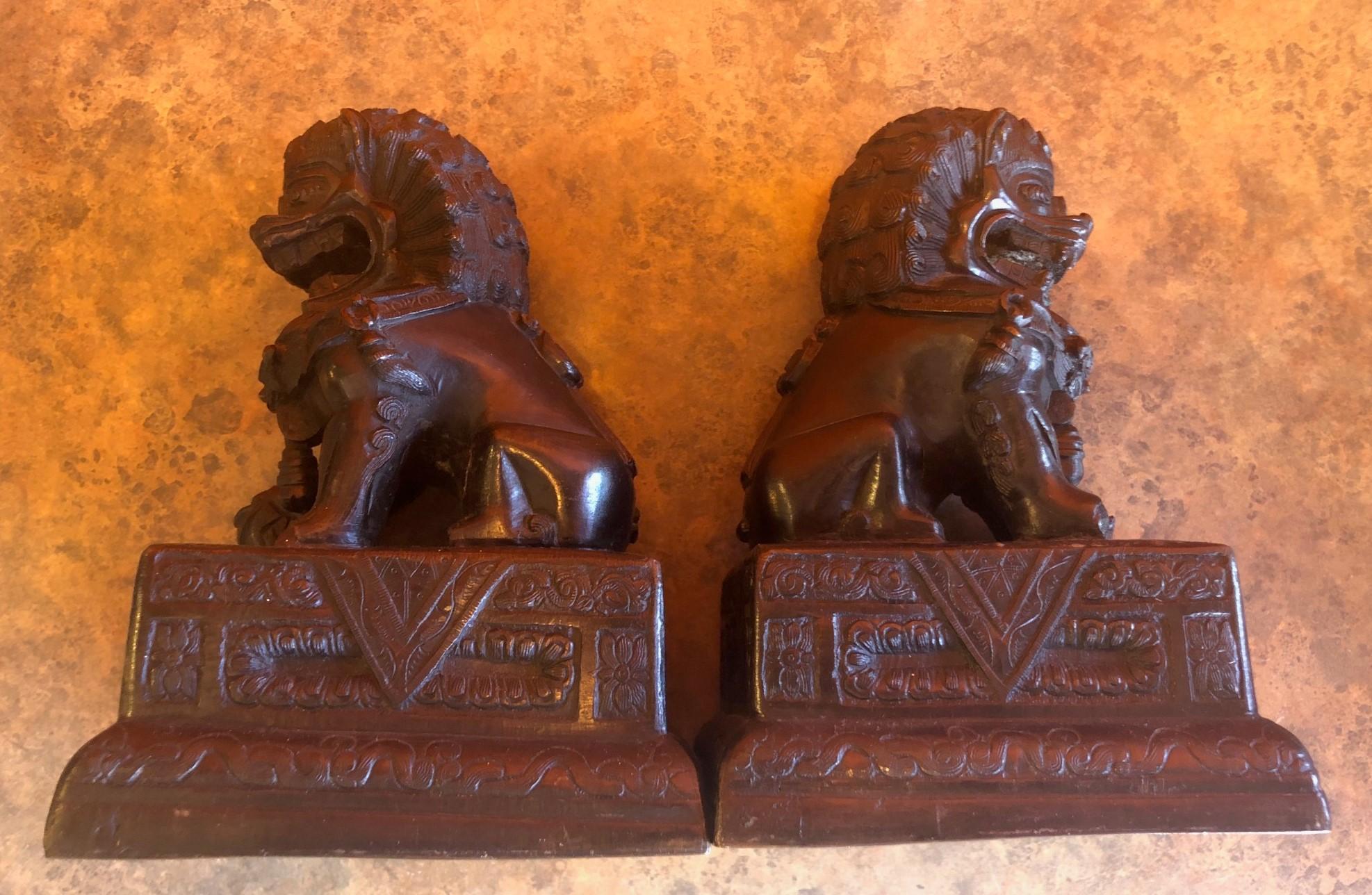 Pair of Patinated Bronze Chinese Foo Dogs / Book Ends For Sale 5